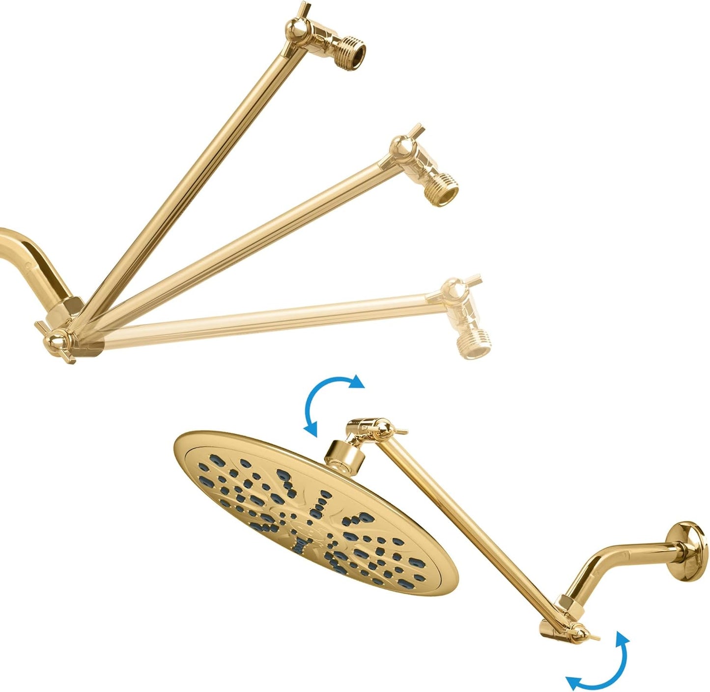 10 Inches Stainless Steel Adjustable Shower Arm Extender, Adjustable Height and Angle for Fixed, Rain, Handheld Shower Heads, Universal NPT 1/2 Inch Connector, Polished Brass Finish