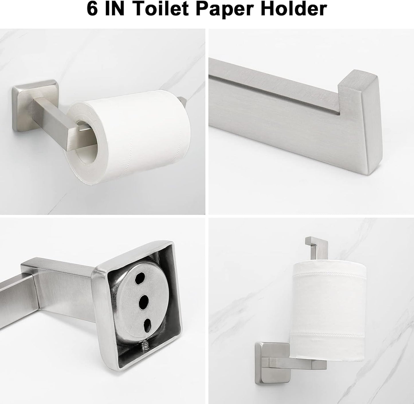 7 Pieces Bathroom Hardware Set 304 Stainless Steel-Square Towel Rack Set Include 24" Towel Rod+ 10" Hand Towel Bar+ Toilet Paper Holder+ 4Robe Towel Hooks Bathroom Accessories(Brushed Nickel)