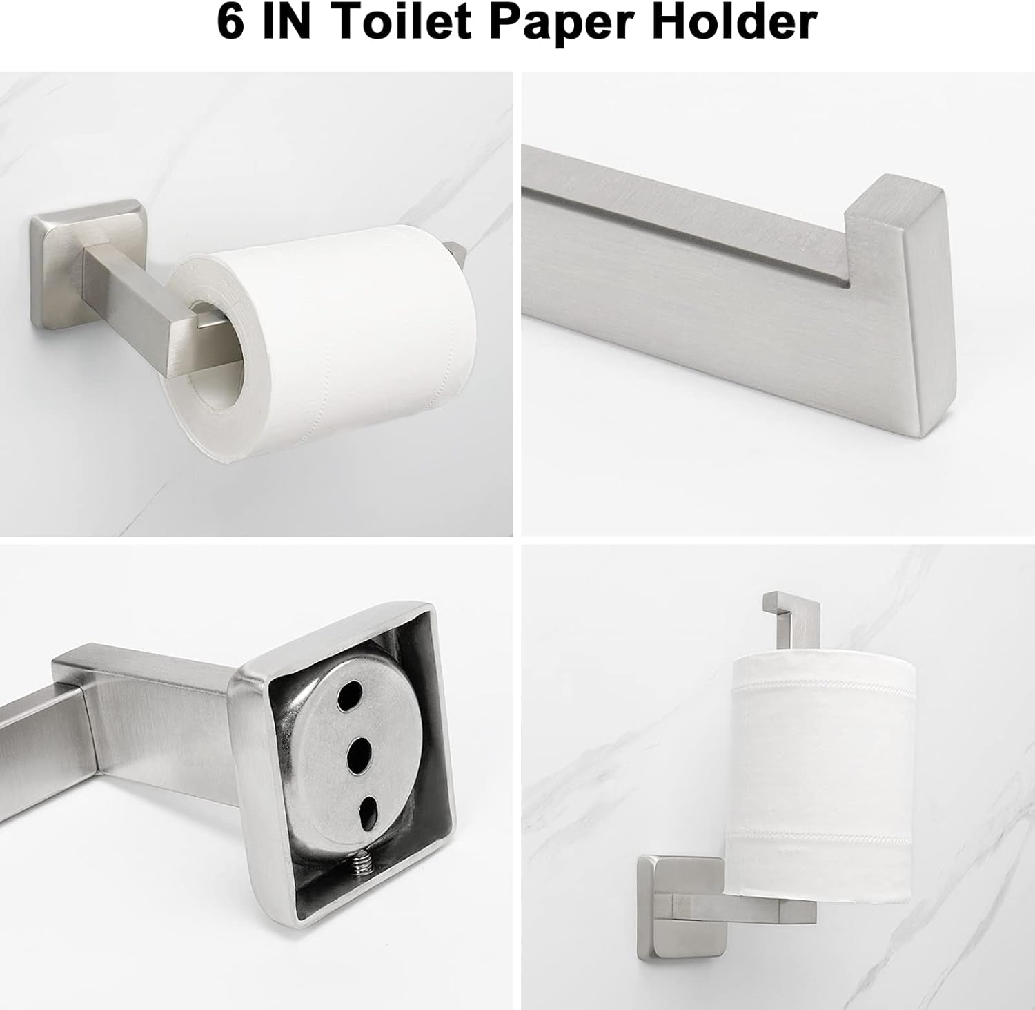 7 Pieces Bathroom Hardware Set 304 Stainless Steel-Square Towel Rack Set Include 24" Towel Rod+ 10" Hand Towel Bar+ Toilet Paper Holder+ 4Robe Towel Hooks Bathroom Accessories(Brushed Nickel)