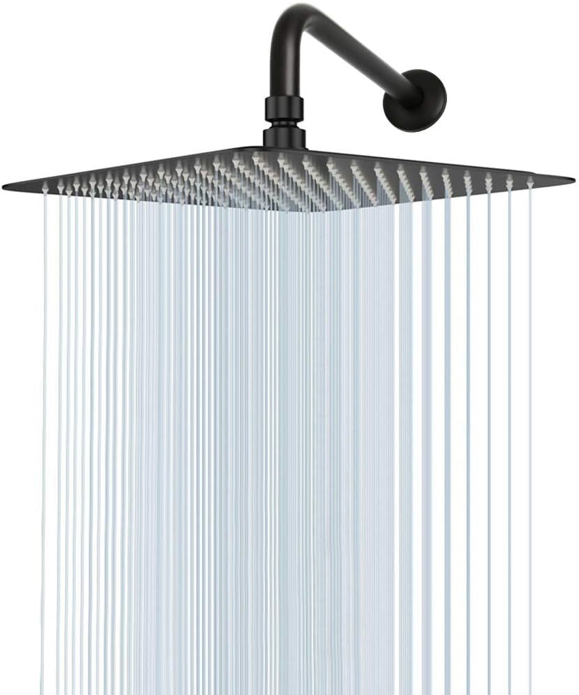 Rain Shower Head with Extension Arm,  Square Shower Heads, Large Stainless Steel Rainfall Showerhead-Waterfall Full Body Coverage (12 Inch Shower Head with 15 Inch Shower Arm, Matte Black)