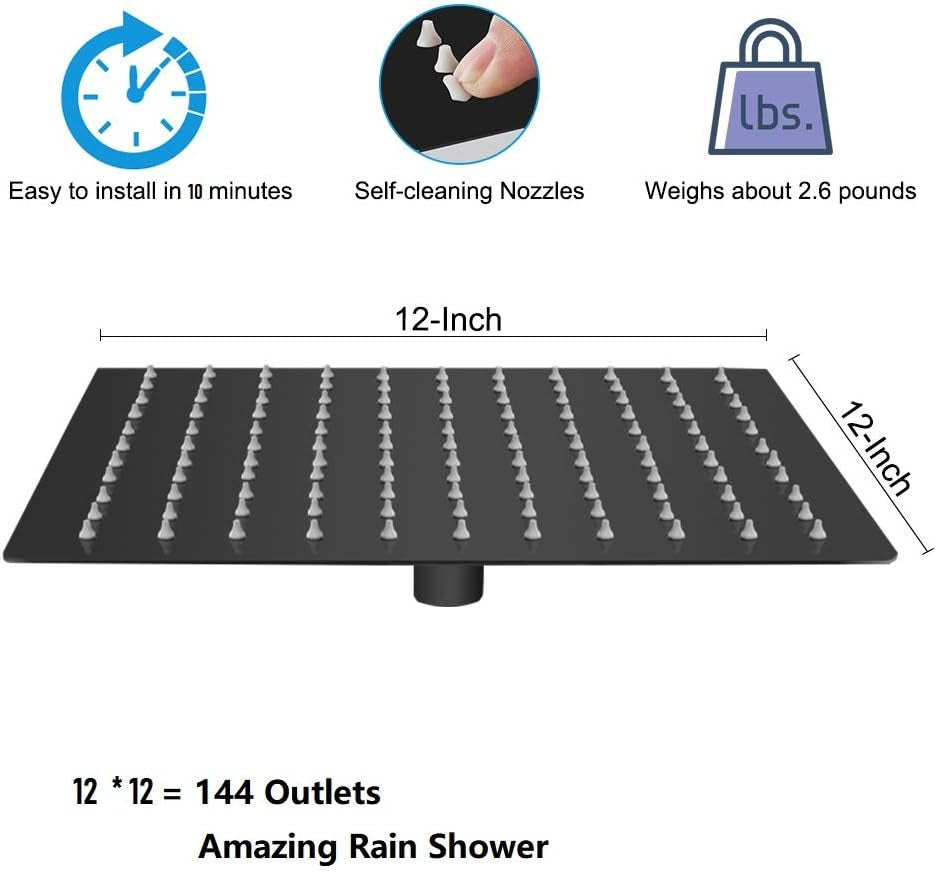 Rain Shower Head with Extension Arm,  Square Shower Heads, Large Stainless Steel Rainfall Showerhead-Waterfall Full Body Coverage (12 Inch Shower Head with 15 Inch Shower Arm, Matte Black)