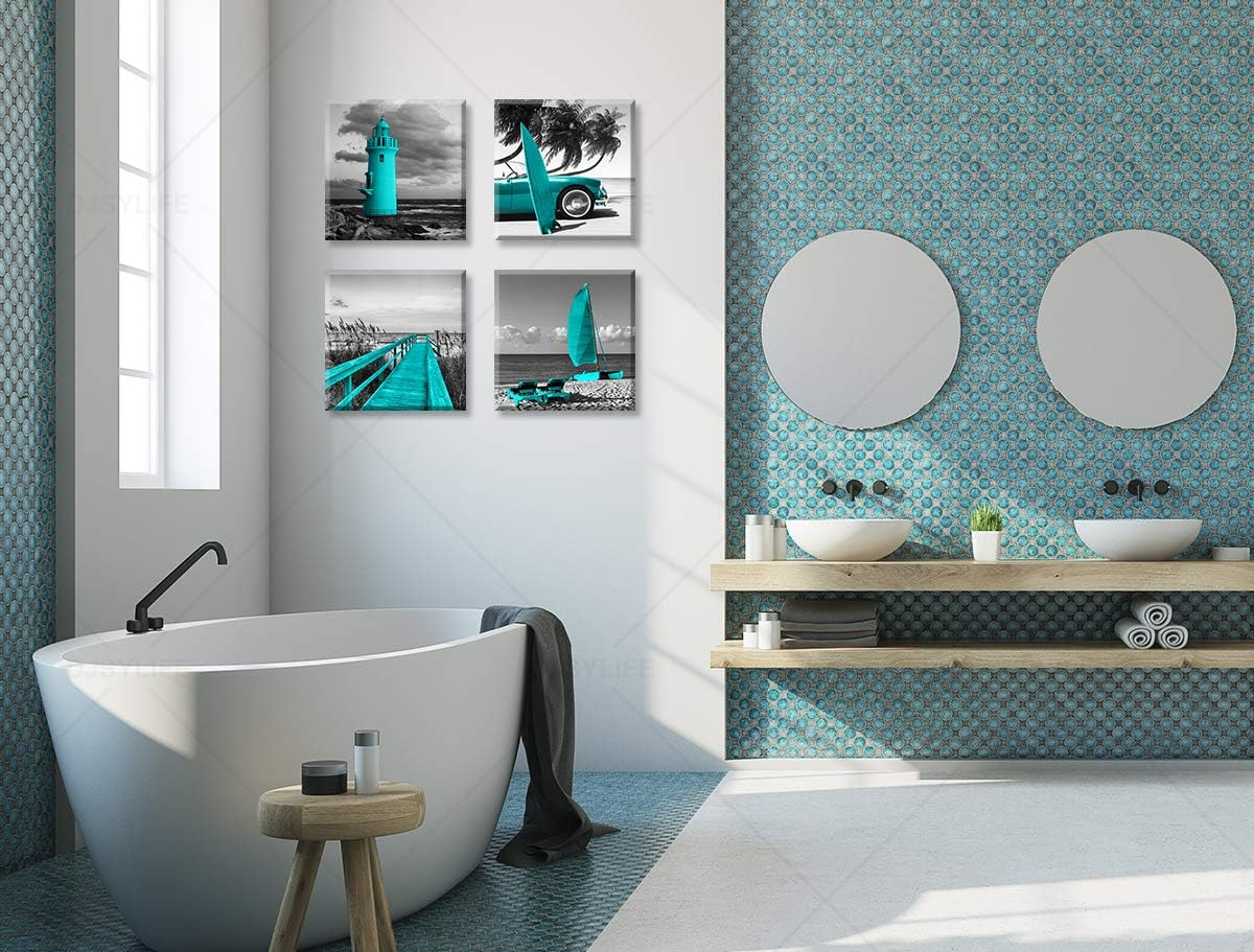 Beach Wall Art Teal Wall Decor Bathroom Decor Sets Accessories Black and White Ocean Lighthouse Painting Palm Tree Surfboard Car Bridge Picture Prints Seascape Office Bedroom Poster 12X12 Inches X4