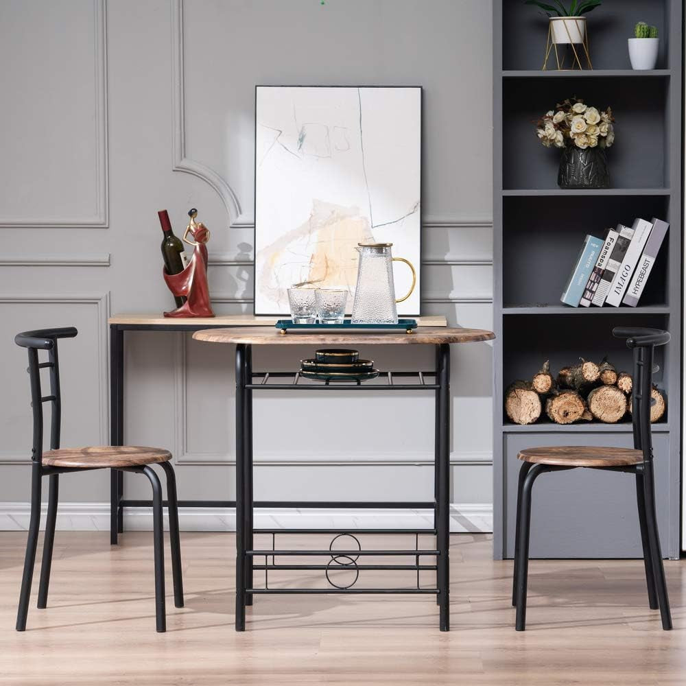 3 Piece Dining Table Set Kitchen Wood Dining Table Furniture Set and 2 Chairs Wooden round Table & Chair Set Compact Space with Steel Frame and Wine Rack for Kitchen, Dining Room (Ship from USA)