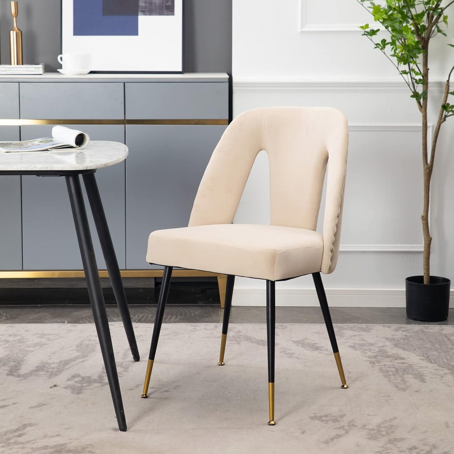 Upholstered Dining Chair with Nailheads and Gold Tipped Black Metal Legs,Velvet Dining Side Chair Vanity Chairs Living Dining Room Accent Arm Chairs for Kitchen Dining Room (1 Pcs,Beige)