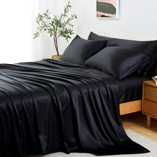 5Pcs Silky Satin Sheets Set, King Size Satin Bed Sheets Set, Black Luxury Bedding Sets, Breathable & Ultra Soft Sheets Set Includes 1 Fitted Sheet, 1 Flat Sheet, 3 Pillowcases