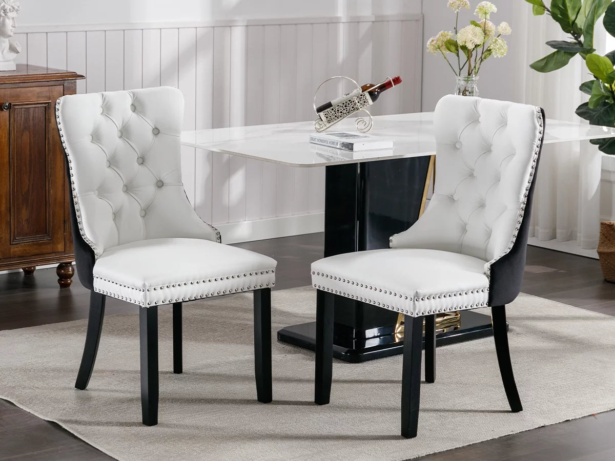 Dining Chairs Set of 2, Kitchen & Dining Room Chairs, Nailheads Tufted, Sillas De Comedor, White PU & Black Velvet Upholstered, Wood Legs (Two-Tone, 2 Pcs)