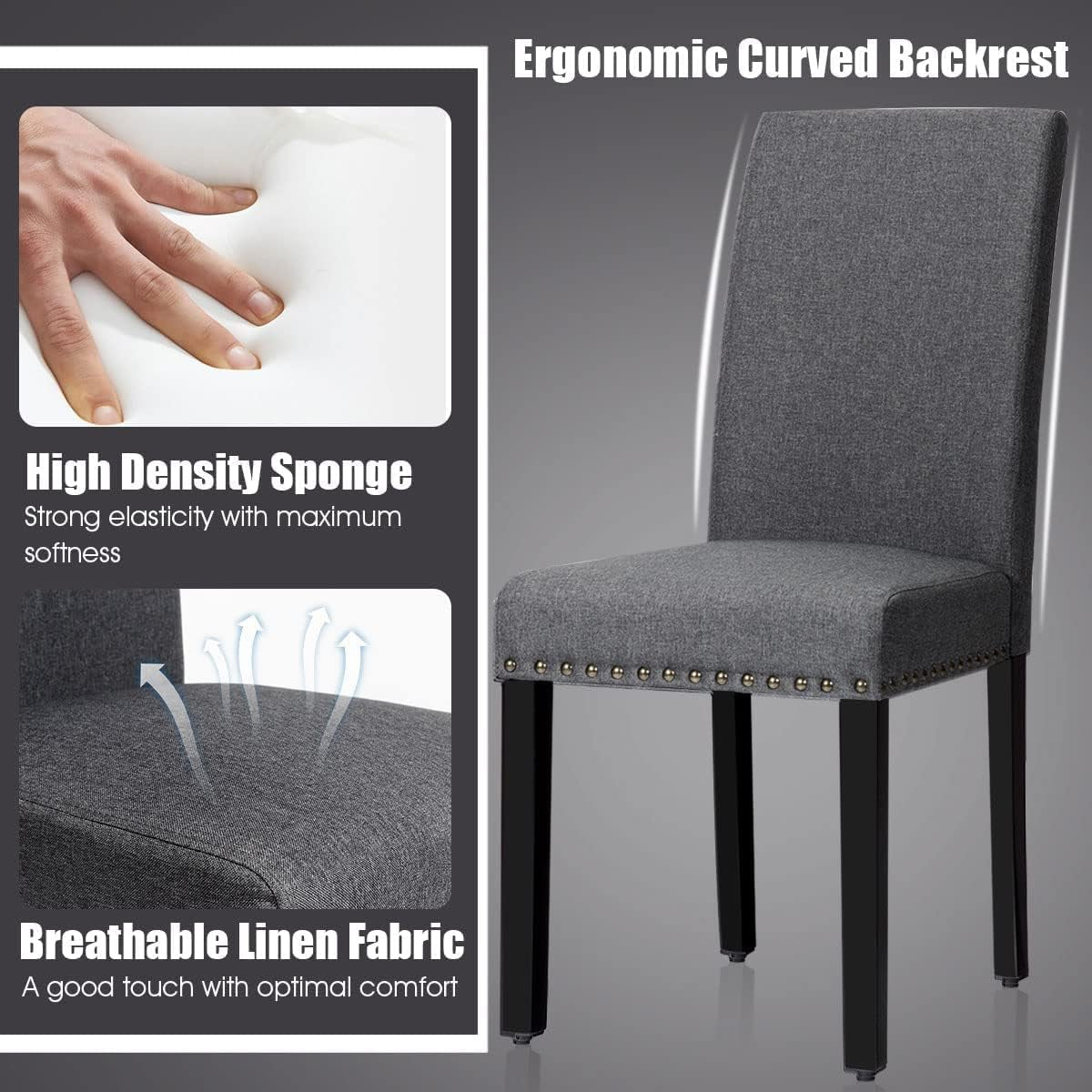 Upholstered Dining Chairs, High Back Fabric Side Chairs W/Nailhead Trim, Wood Legs, Kitchen Chairs for Dining Room Living Room, Set of 2 (Dark Grey)