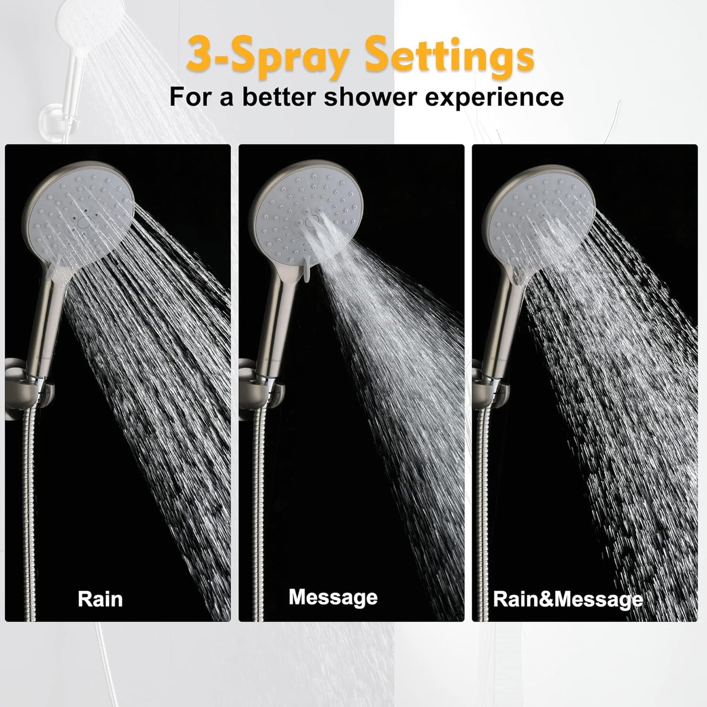 High Pressure Shower Head with Handheld 3 Settings - 5 Inch Handheld Rain Shower with Extra Shower Hose - Self-Cleaning Anti-Clogging Detachable Shower Head Sprayer Brushed Nickel