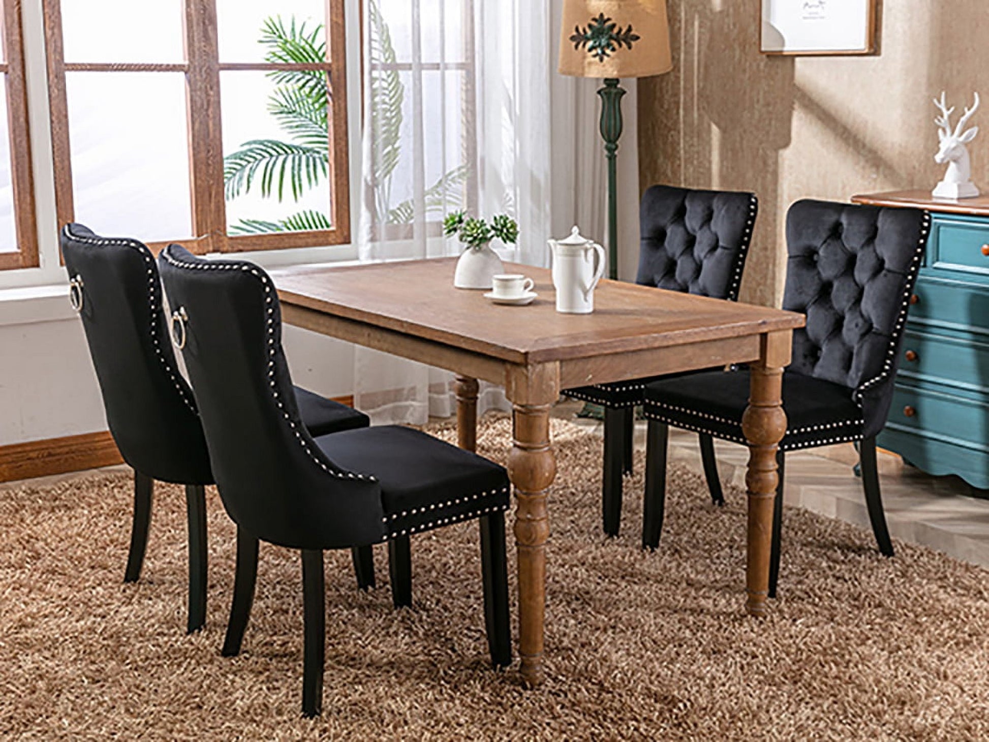 Black Velvet Dining Chairs Set of 2, Kitchen & Dining Room Chairs, Sillas De Comedor, Nailheads Tufted, Velvet Upholstered, Solid Wood (Black, 2 Pcs)