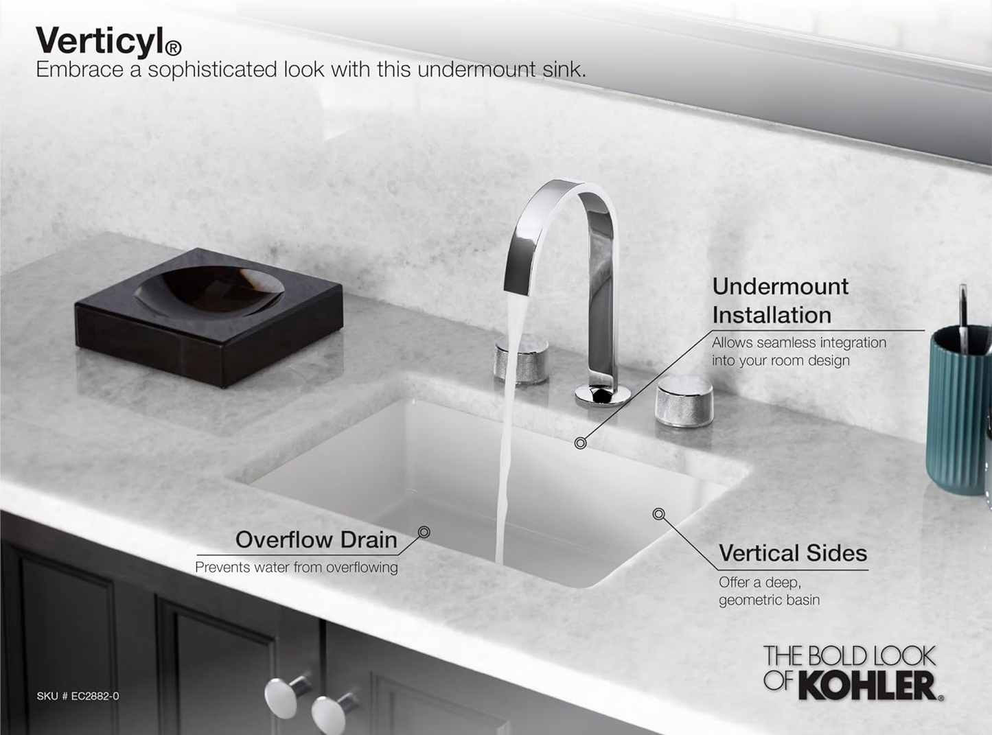 K-2882-17 Verticyl Rectangular Undermount Bathroom Sink, 19 3/4", White