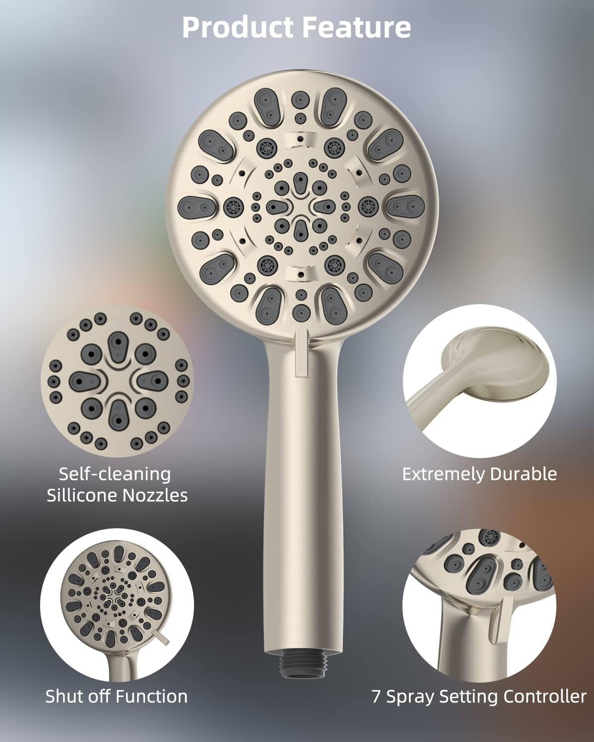 Handheld Shower Head, High Pressure Shower Head 7-Setting 5" Brushed Nickel Face, 79-Inch Stainless Steel Shower Hose, Adjustable Bracket, 7 Functions 1.75 GPM for California Shower Spray Head