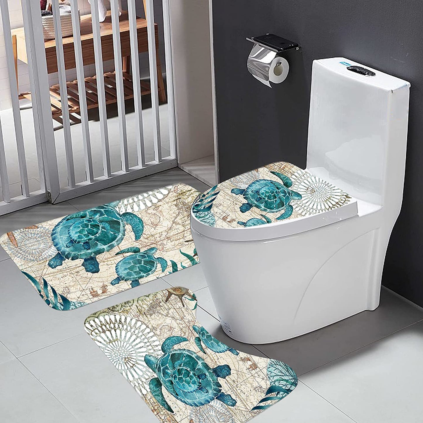 Nautical Blue Sea Bathroom Sets with Shower Curtain and Rugs and Accessories, Ocean Turtle Shower Curtain Sets with 12 Hooks, Bath Mat Set Bathroom Decor by Durable Waterproof Fabric