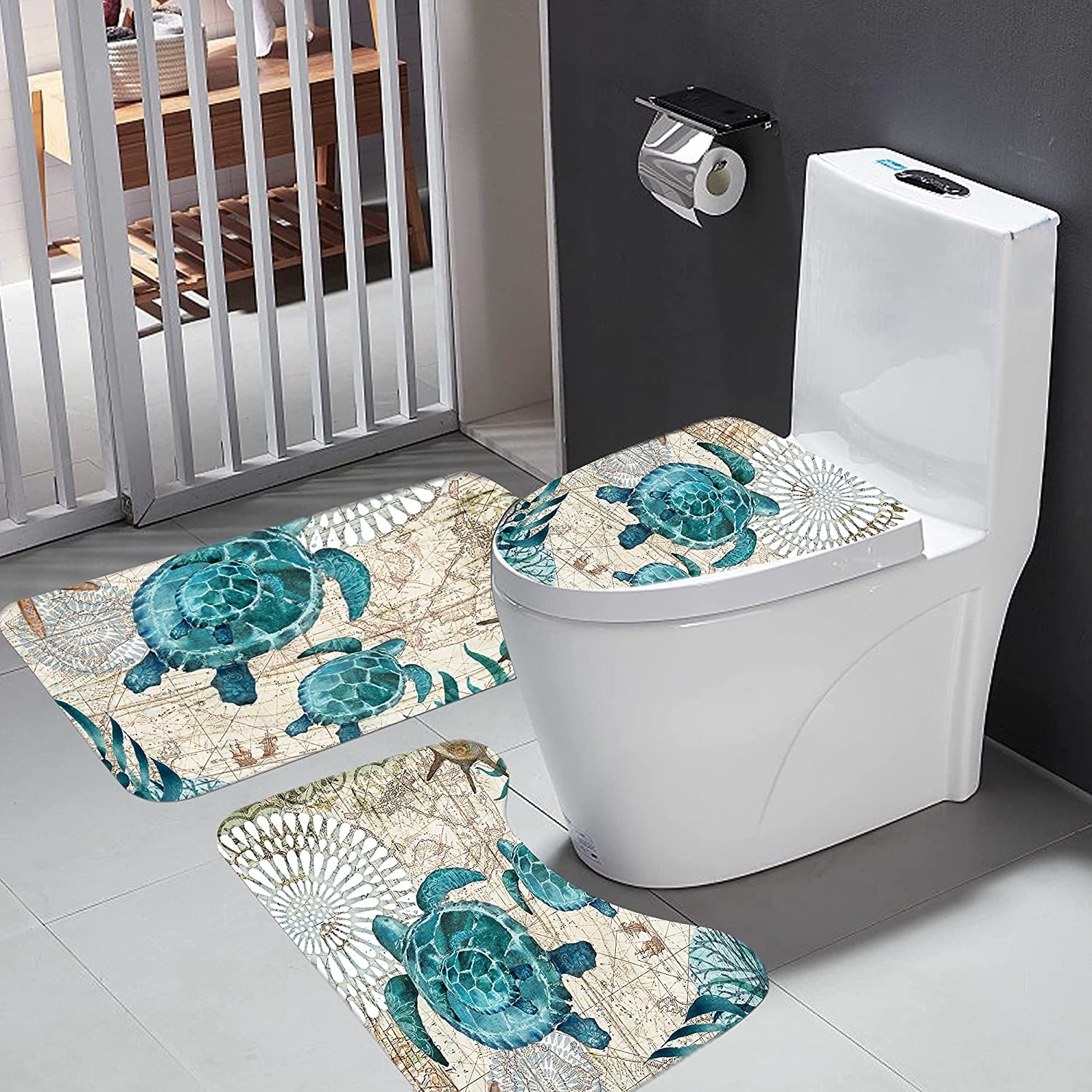 Nautical Blue Sea Bathroom Sets with Shower Curtain and Rugs and Accessories, Ocean Turtle Shower Curtain Sets with 12 Hooks, Bath Mat Set Bathroom Decor by Durable Waterproof Fabric