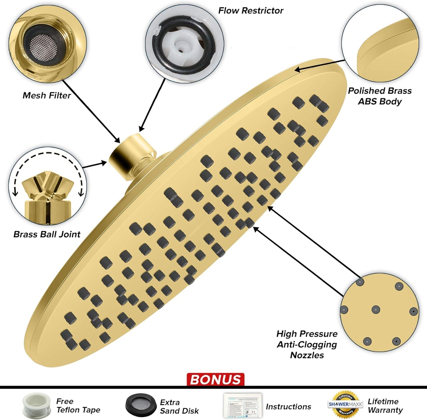 Luxury Spa Series: Imperialshine Gold Rain Shower Head, 9-Inch round Rain Showerhead with 360 Tilt, Experience Rainfall with MAXX Comfort and Elegance (Polished Brass/Imperialshine Gold)