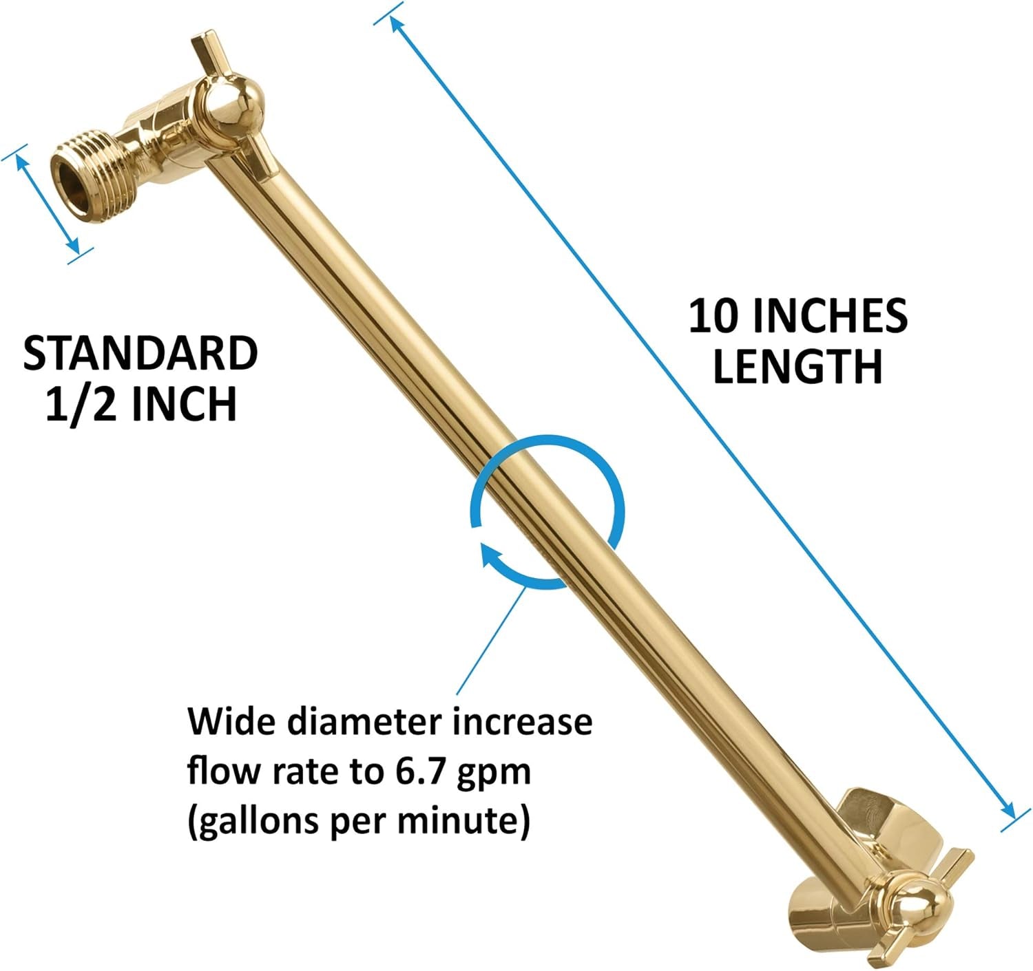 10 Inches Stainless Steel Adjustable Shower Arm Extender, Adjustable Height and Angle for Fixed, Rain, Handheld Shower Heads, Universal NPT 1/2 Inch Connector, Polished Brass Finish