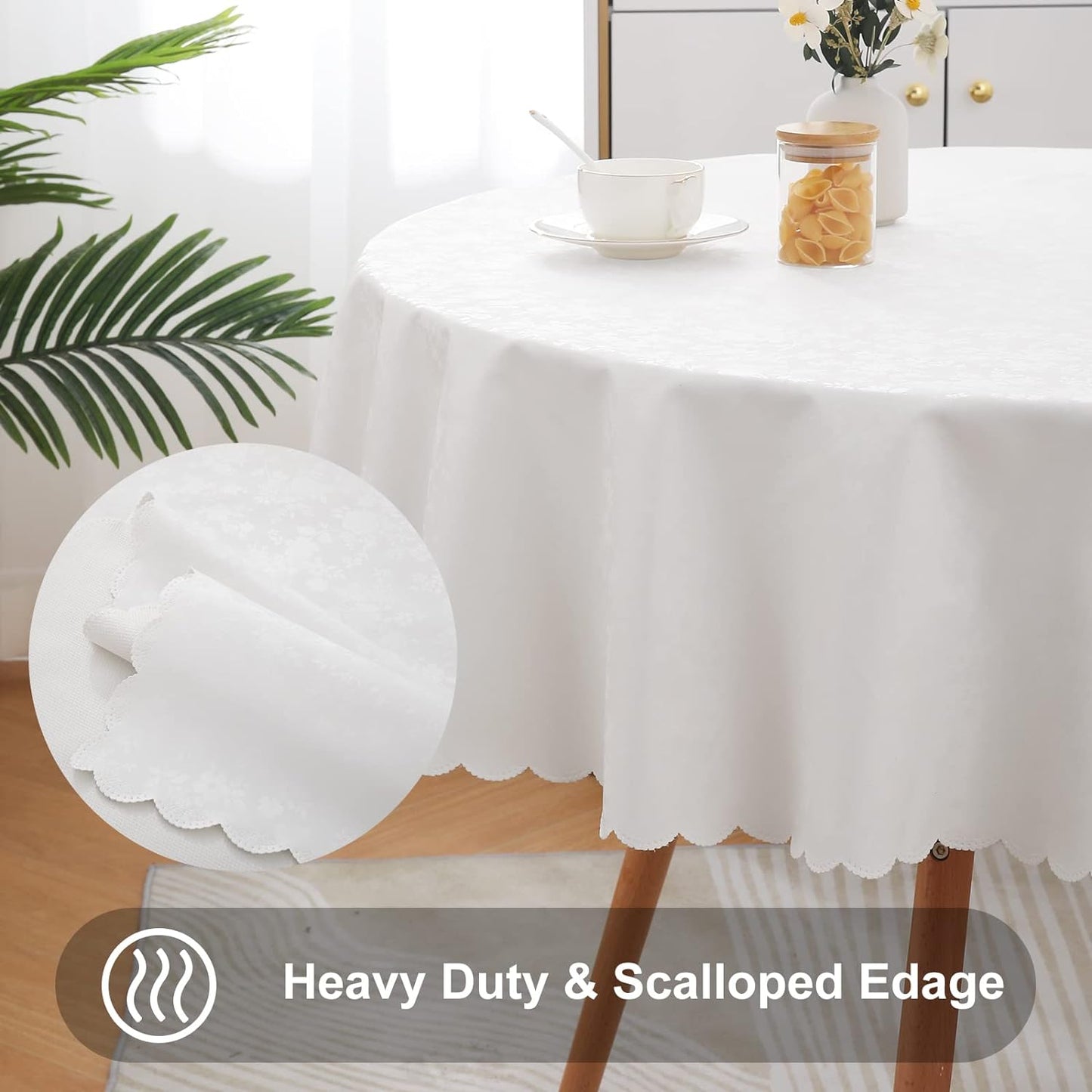 round Table Cloth, Waterproof Heavy Duty Vinyl Tablecloths, Wipeable Washable Table Cover for Kitchen and Dining Room (White, 60" X 60")