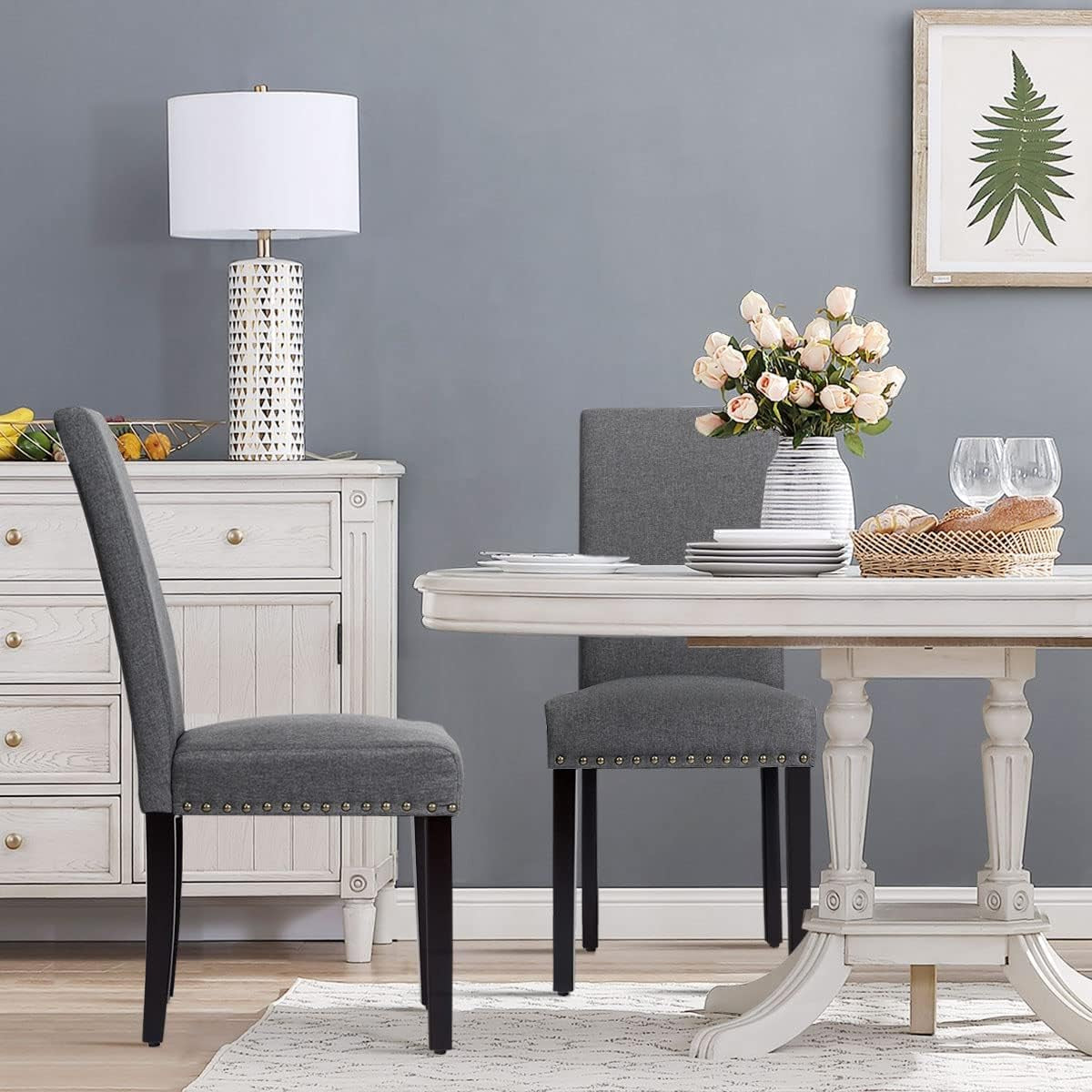 Upholstered Dining Chairs, High Back Fabric Side Chairs W/Nailhead Trim, Wood Legs, Kitchen Chairs for Dining Room Living Room, Set of 2 (Dark Grey)