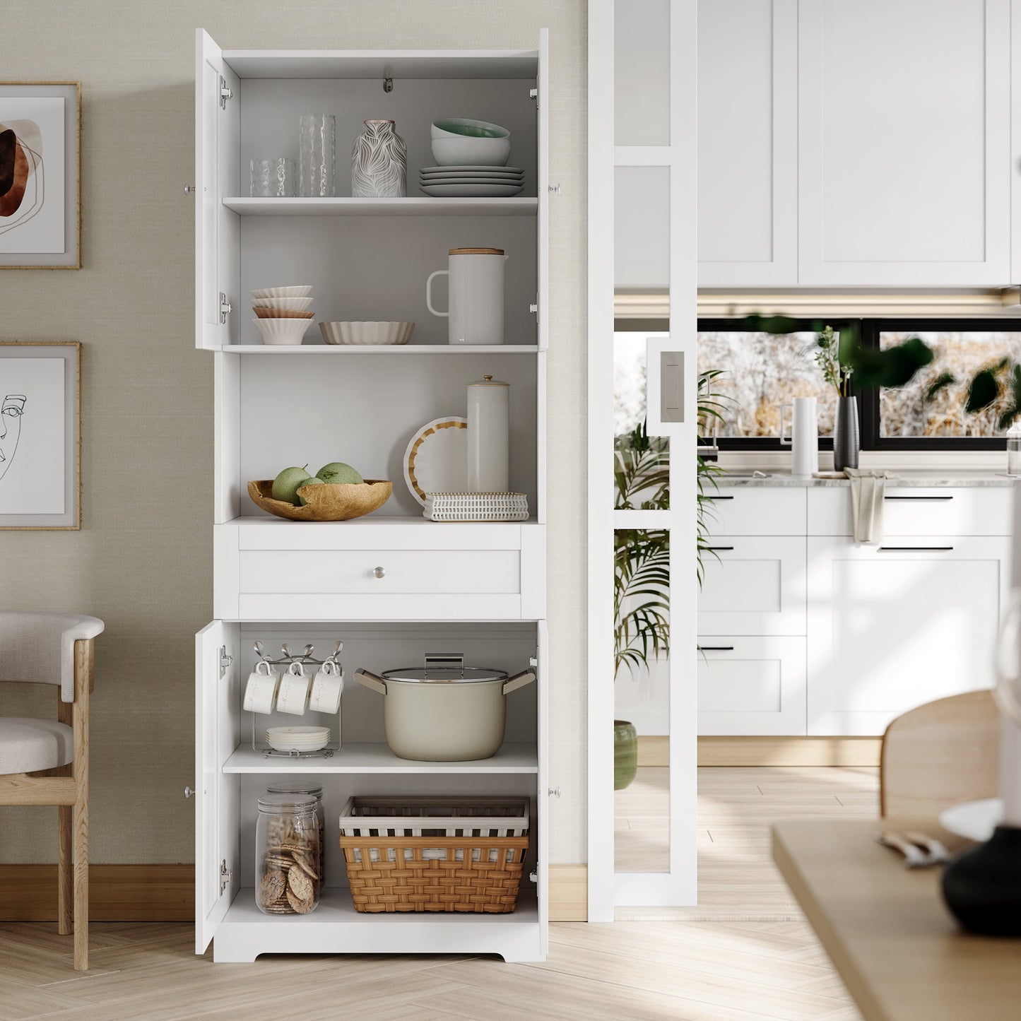 67.5" Tall Bathroom Storage Cabinet with Drawer, 4 Door Modern Freestanding Cupboard, White