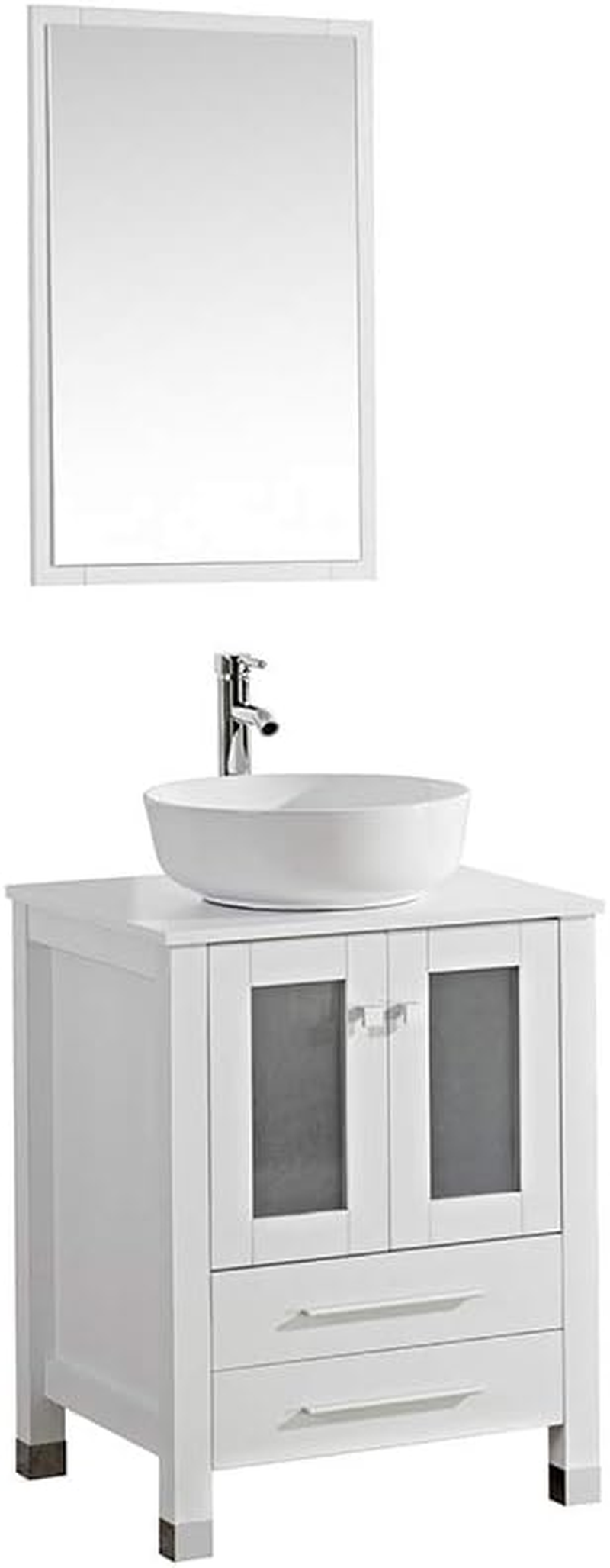 Modern 24" Bathroom Vanity Set - Cabinet with Ceramic Sink Top, Chrome Finished Faucet, Flexible Drain & Mirrors, White