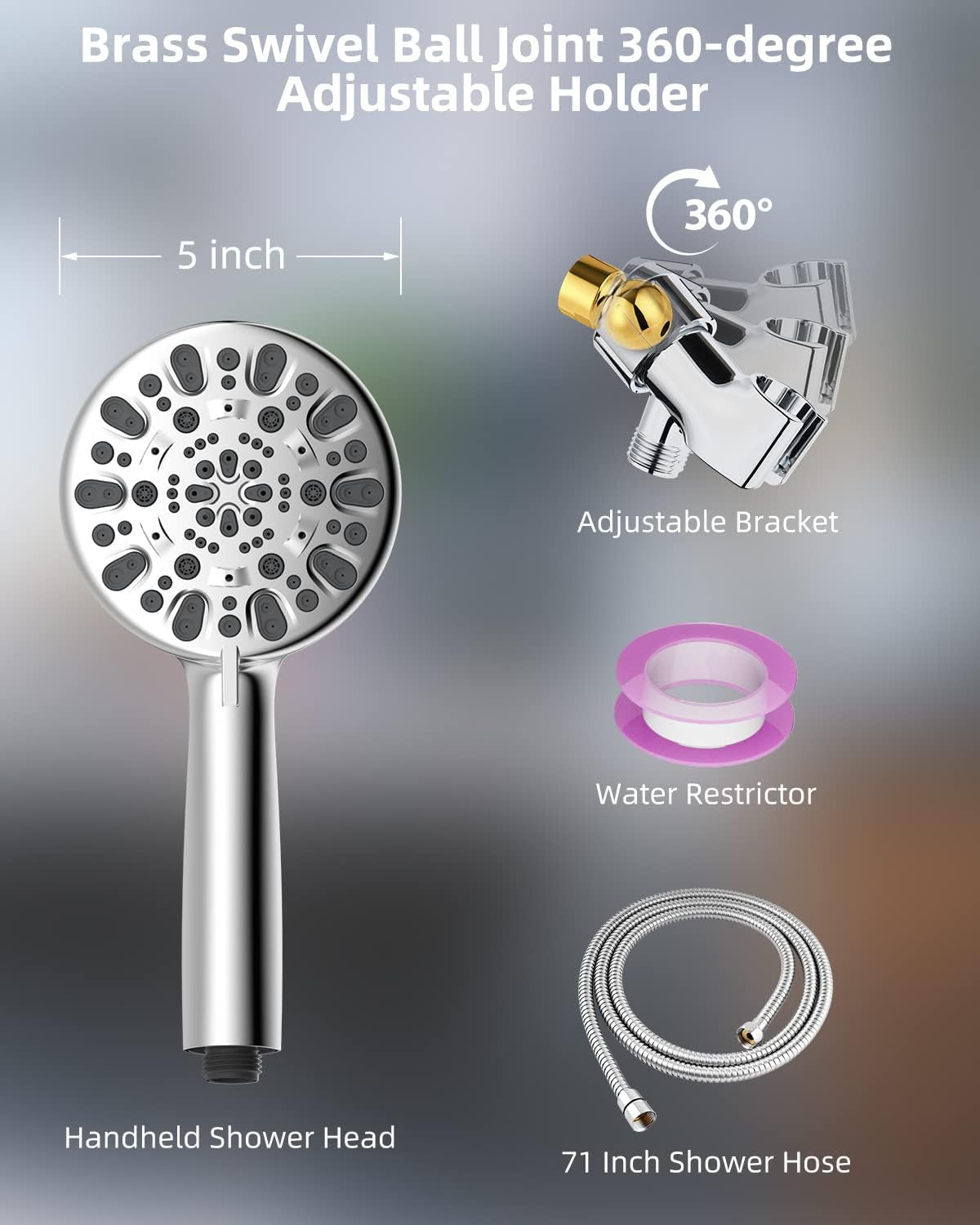 7-Spray Handheld Shower Head, High Pressure 5" Shower Heads with Powerful Shower Spray, 71-Inch Stainless Steel Shower Hose, Adjustable Bracket, Brass Joint Holder, Shower Body Spray