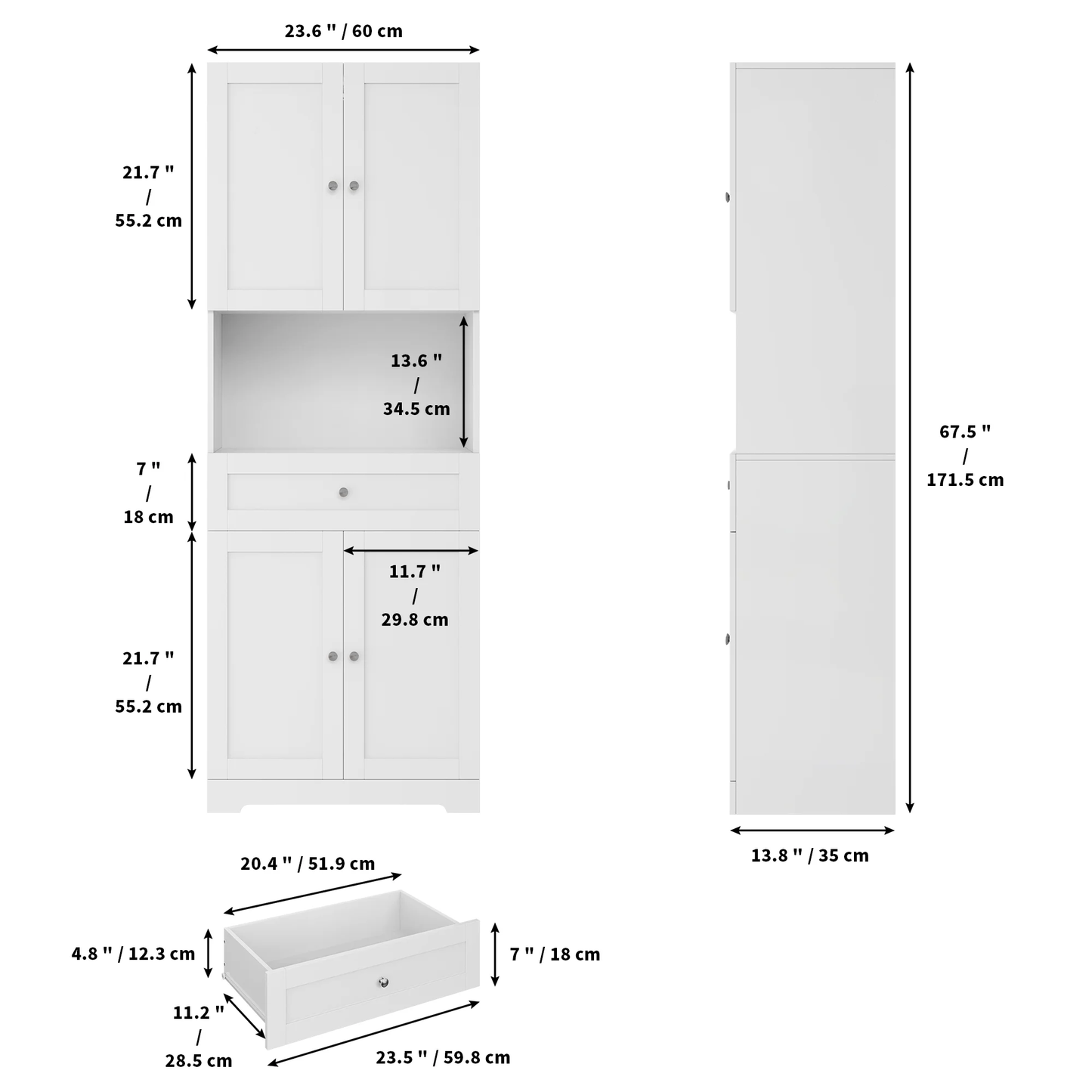 67.5" Tall Bathroom Storage Cabinet with Drawer, 4 Door Modern Freestanding Cupboard, White