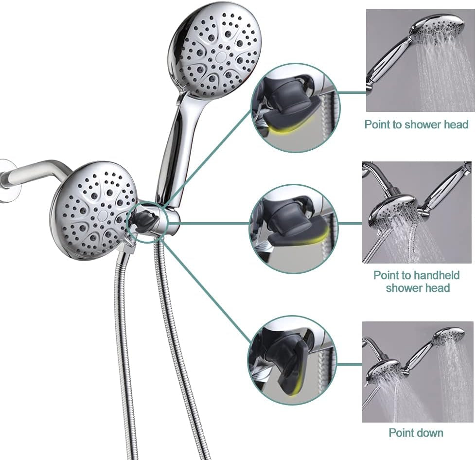 Shower Faucet Set with Valve Chrome Bathroom High Pressure 35 Setting Dual 2 in 1 Shower Head System with Handheld, 3-Way Water Diverter Shower Trim Kit