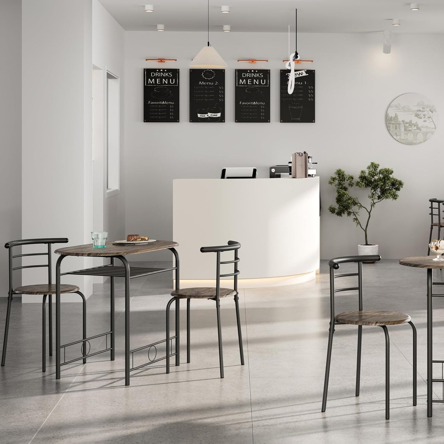 3 Piece Kitchen Table Set - Dining Table Sets for 2 - Compact Table and Chairs W/Steel Frame & Shelf Storage for Small Spaces, Apartment,Bistro - Drift Brown