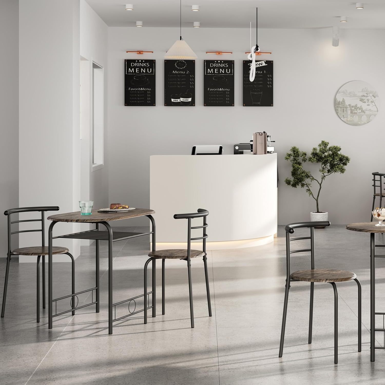 3 Piece Kitchen Table Set - Dining Table Sets for 2 - Compact Table and Chairs W/Steel Frame & Shelf Storage for Small Spaces, Apartment,Bistro - Drift Brown