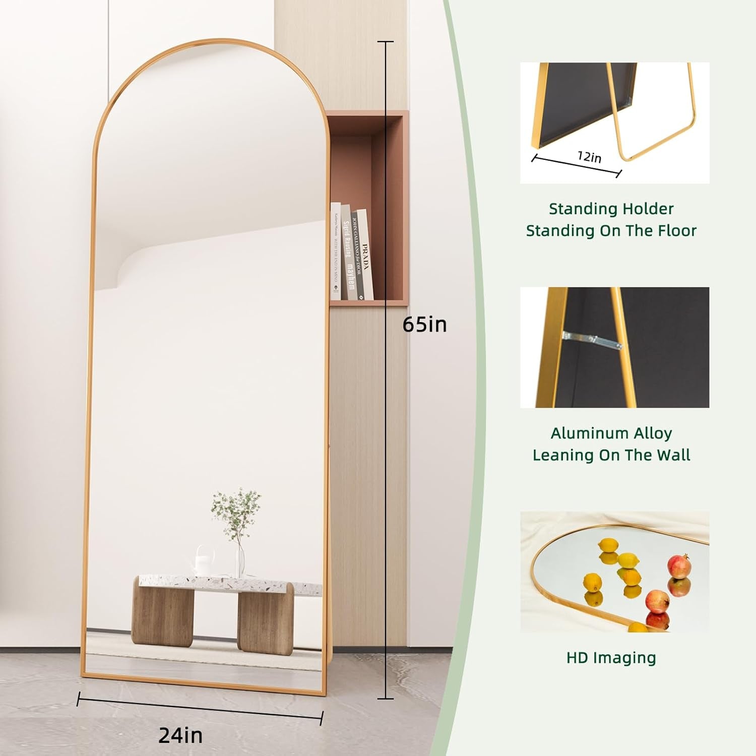 Arched Full Length Mirror Floor Mirror Standing or Leaning, Bedroom Mirror Dressing Mirror with Gold Aluminum Alloy Frame, 65" X 24"
