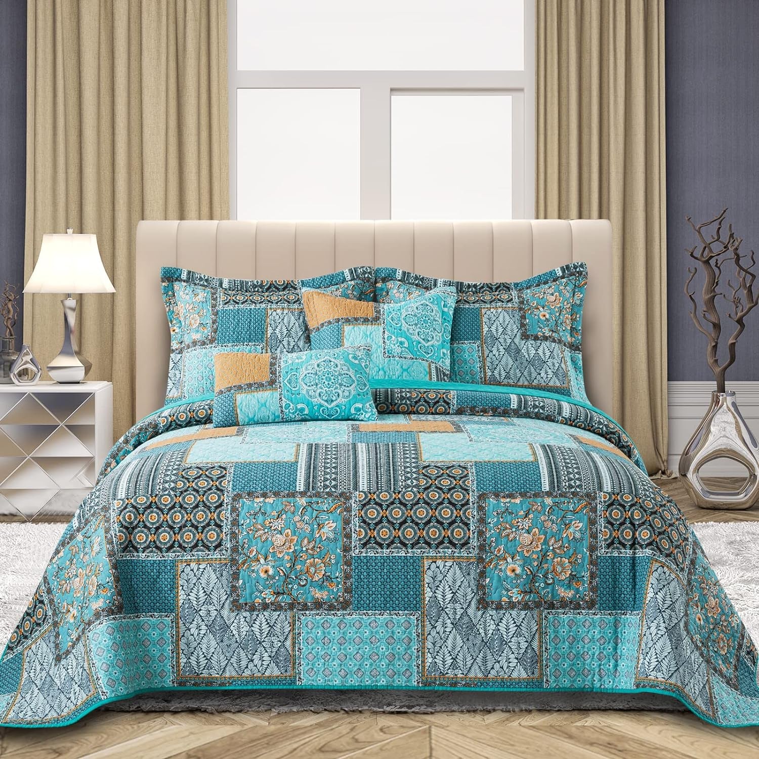 King Size Quilt Bedding Set - Soft Cotton King Size Bedspreads (98 * 106 In) - Lightweight Patchwork Floral Quilts for Farmhouse Bedroom (Teal/Green Chic, 3 Pieces)