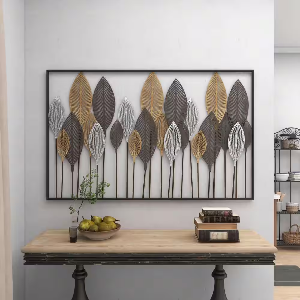 59 In. X 37 In. Metal Bronze Tall Cut-Out Leaf Wall Decor with Intricate Laser Cut Designs