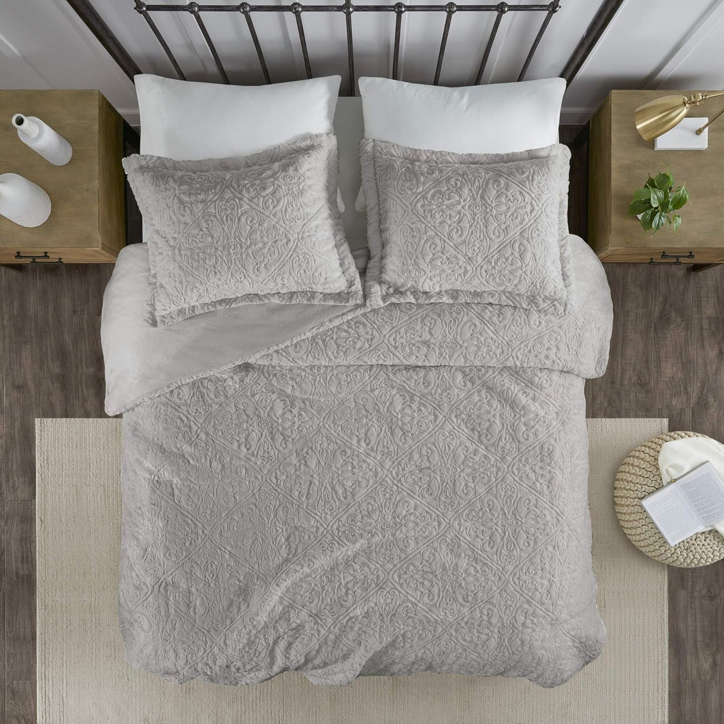 Bismarck King Size Bed Comforter Set - Grey, Embroidered Medallion – 3 Pieces Bedding Sets – Faux Fur Plush Bedroom Comforters (MP10-2004)