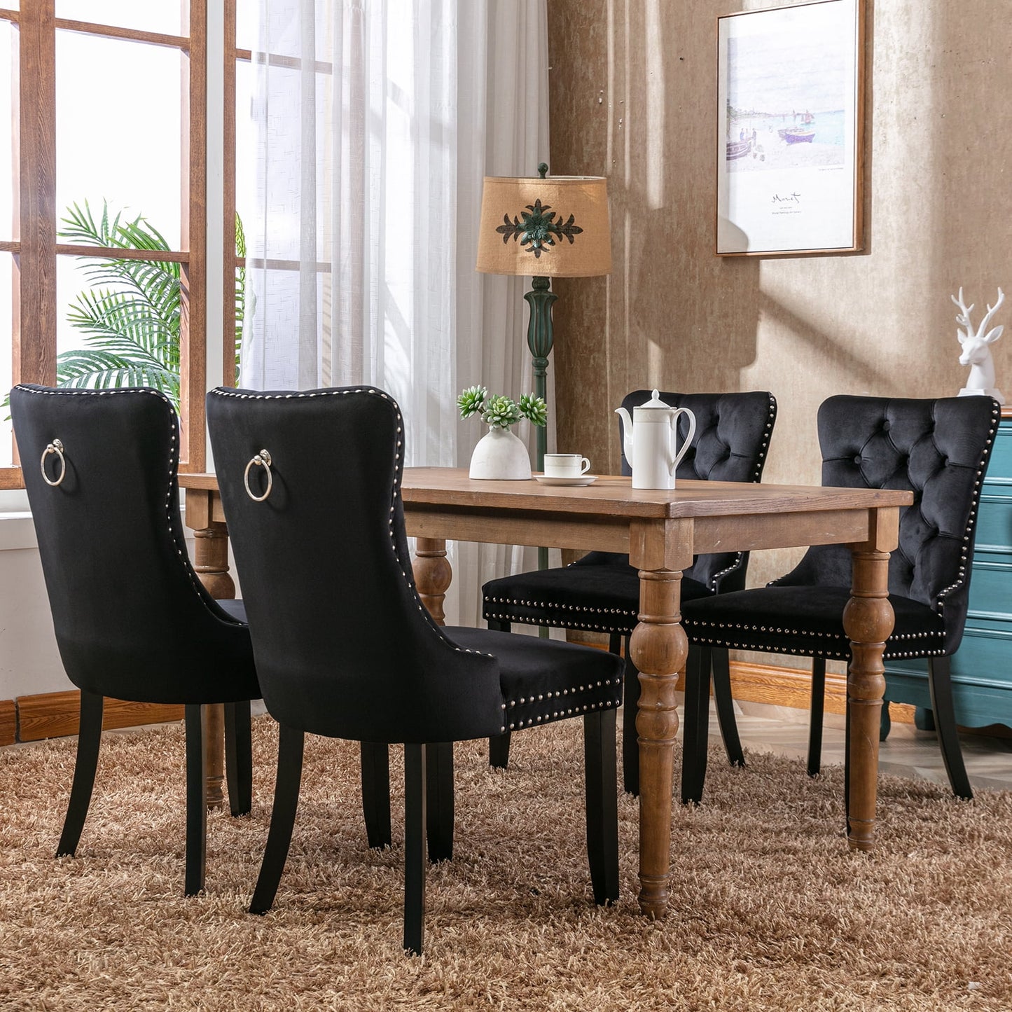 Black Velvet Dining Chairs Set of 2, Kitchen & Dining Room Chairs, Sillas De Comedor, Nailheads Tufted, Velvet Upholstered, Solid Wood (Black, 2 Pcs)