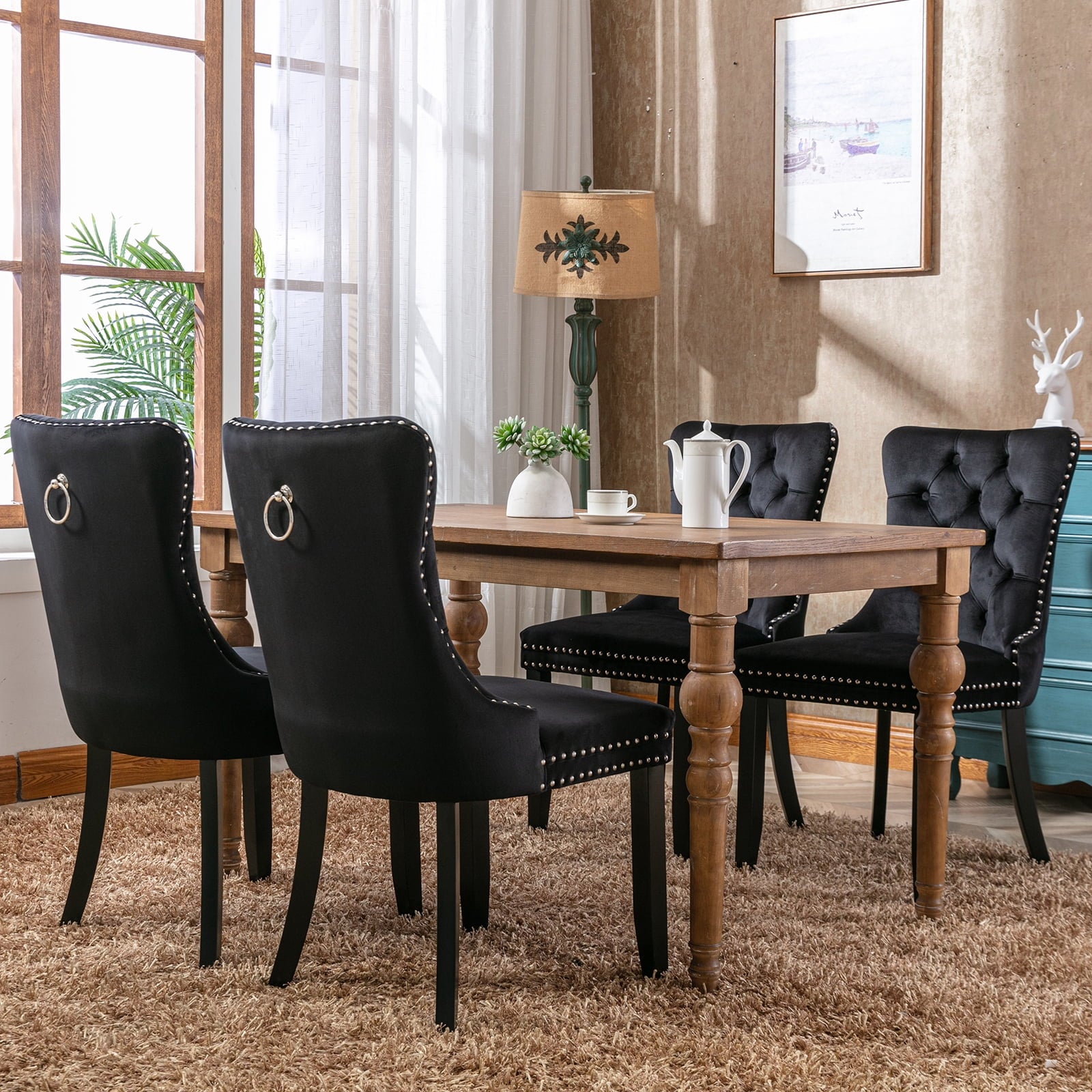 Black Velvet Dining Chairs Set of 2, Kitchen & Dining Room Chairs, Sillas De Comedor, Nailheads Tufted, Velvet Upholstered, Solid Wood (Black, 2 Pcs)