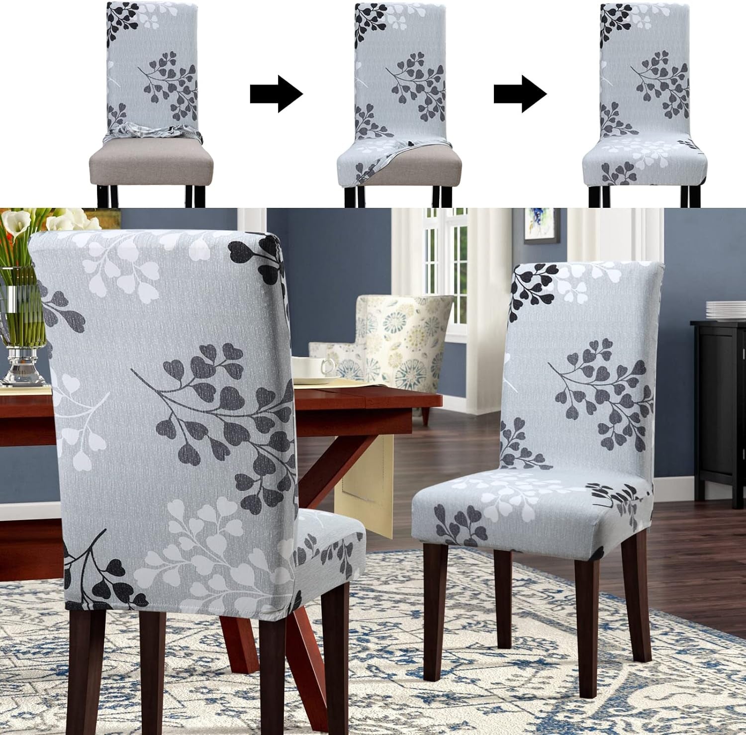 Stretch Dining Chair Covers Removable Washable Dining Room Chair Slipcovers Spandex Chair Slipcover Chair Covers for Dining Room (Gray-Black, 4)