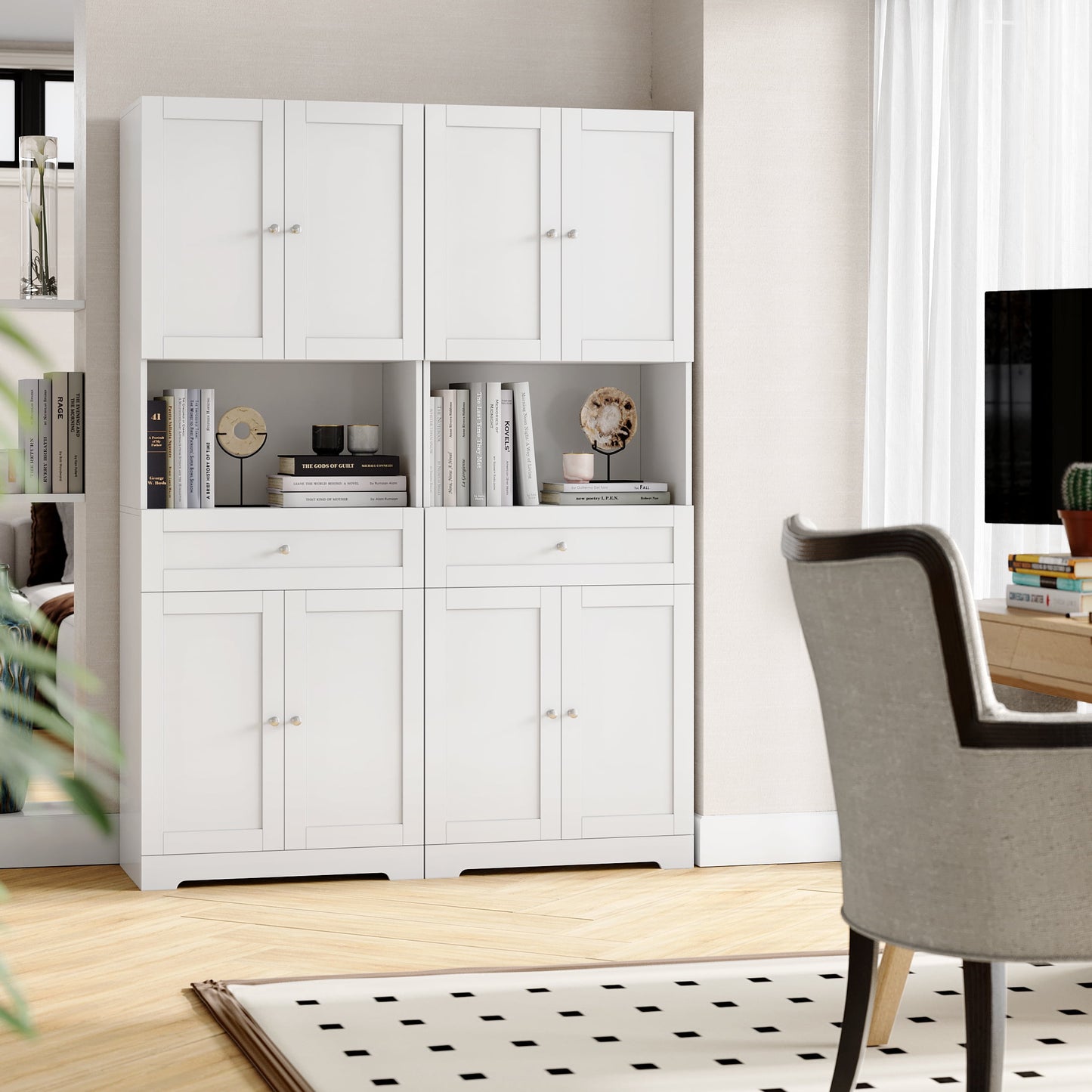 67.5" Tall Bathroom Storage Cabinet with Drawer, 4 Door Modern Freestanding Cupboard, White
