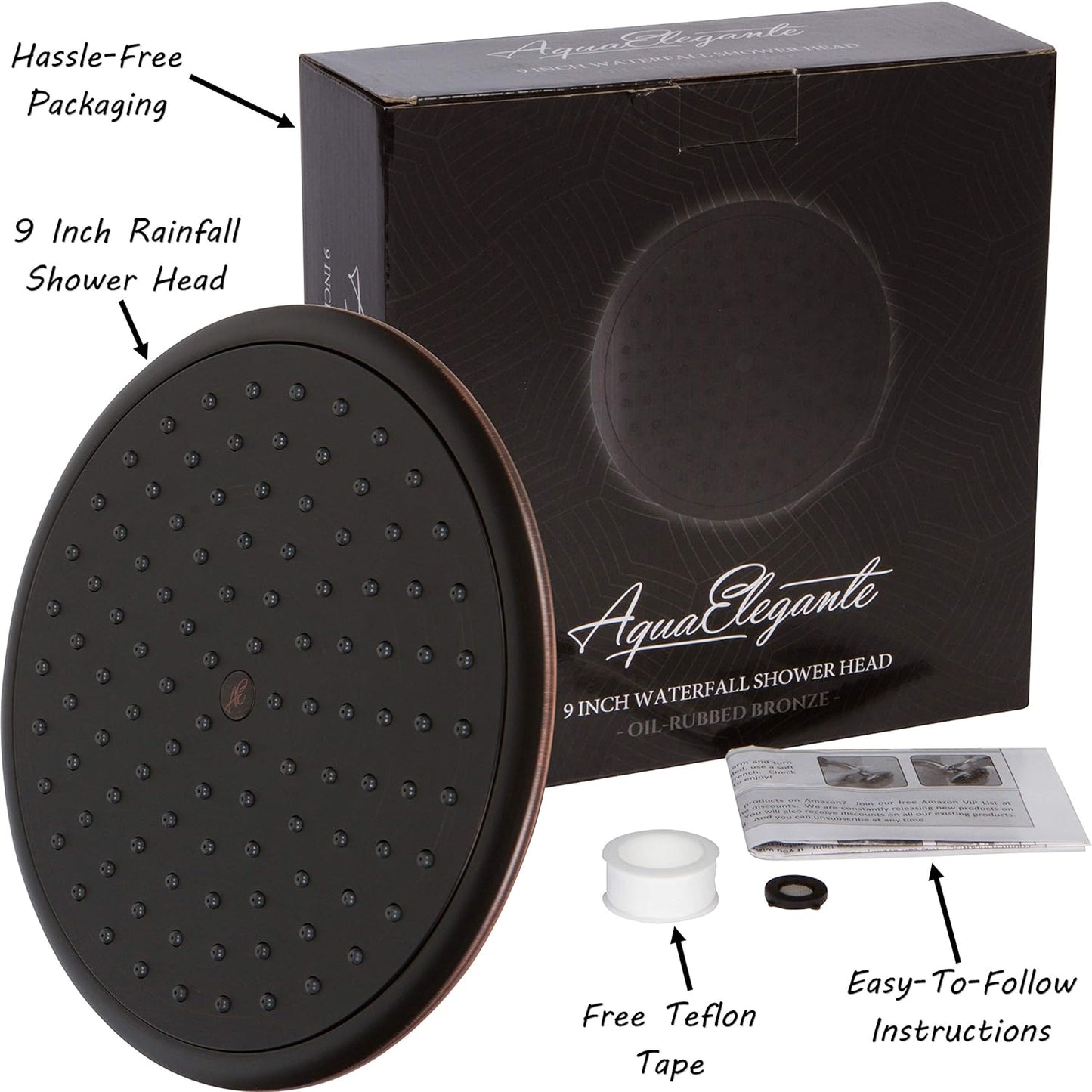Waterfall Showerhead - 9 Inch Large Overhead Rain Shower Head - High Flow Best with Extension Arm, 2.5 GPM - Oil-Rubbed Bronze