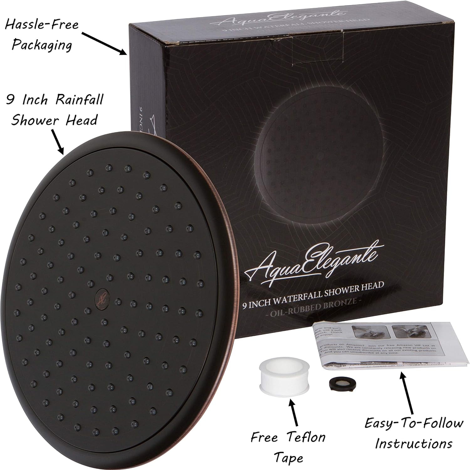 Waterfall Showerhead - 9 Inch Large Overhead Rain Shower Head - High Flow Best with Extension Arm, 2.5 GPM - Oil-Rubbed Bronze