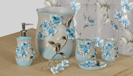 6-Piece Decorative Bathroom Accessory Set Made of Ceramic (Lily Blue)