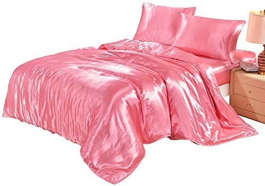 Hotel Quality Pink Duvet Cover Set King Size Silk like Satin Bedding with Hidden Zipper Ties Soft Smooth Durable Stain Resistant Solid Quilt/Comforter Cover Set