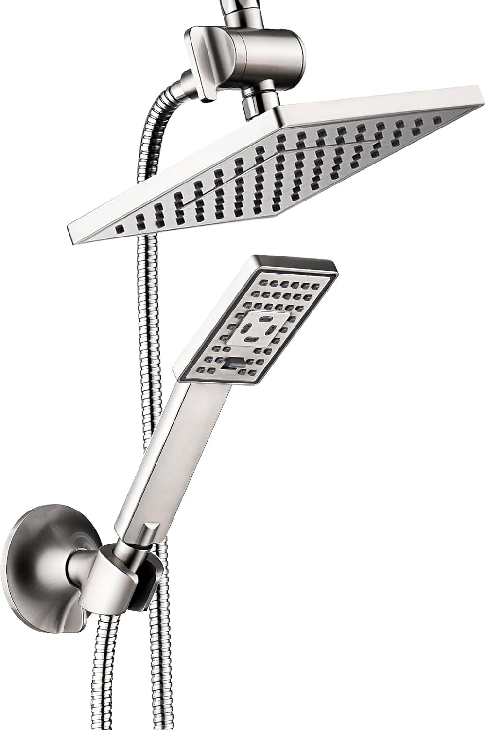 Rain Shower Head with Handheld Spray, 8 Inch Rainfall Shower Head Combo with 60" Hose, Adjustable Dual Square Showerhead Set with 3-Way Diverter, Wall Bracket, Brushed Nickel