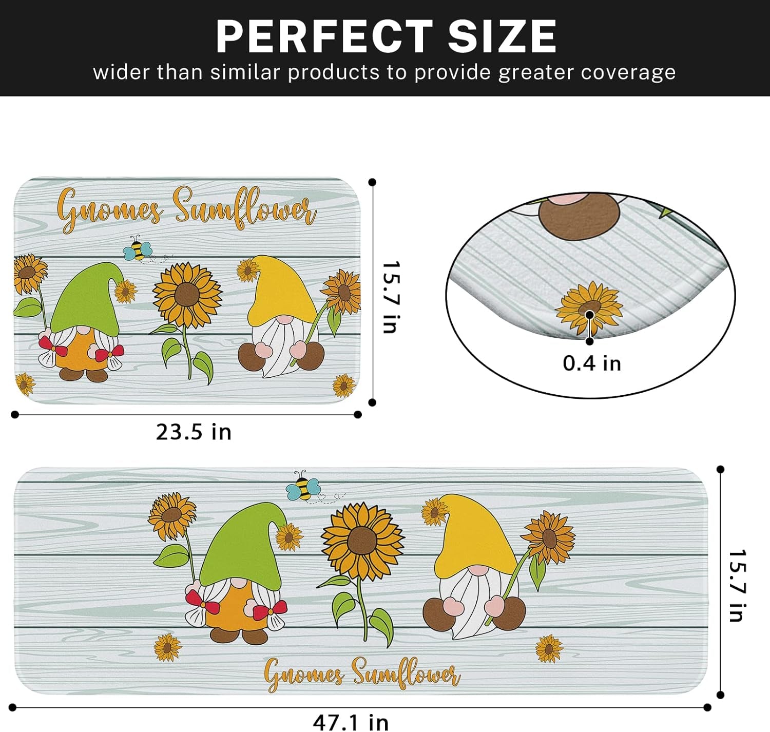 Gnome Sunflower Kitchen Rugs and Mats Non Skid Washable Set of 2, Yellow Green Gnome Bee Kitchen Mats for Floor, Rustic Farmhouse Wooden Board Kitchen Floor Mats for in Front of Sink