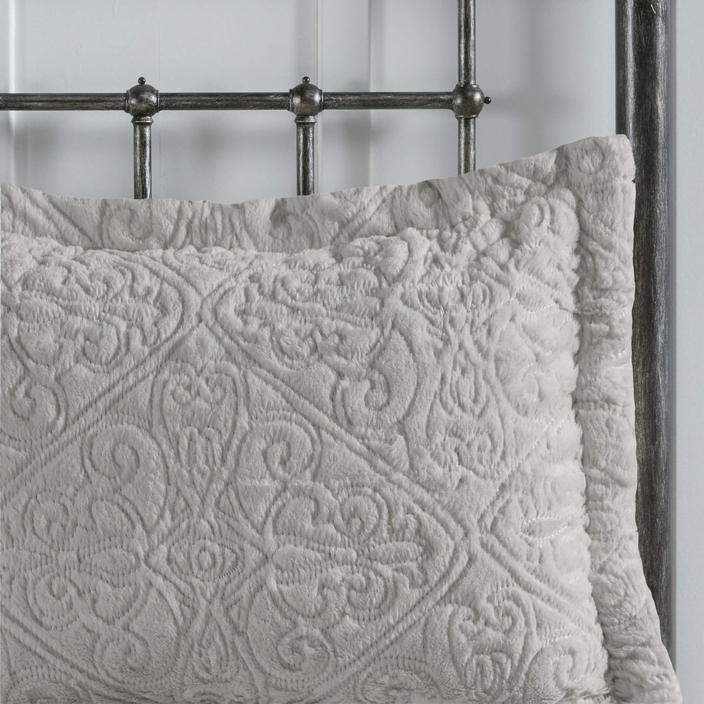 Bismarck King Size Bed Comforter Set - Grey, Embroidered Medallion – 3 Pieces Bedding Sets – Faux Fur Plush Bedroom Comforters (MP10-2004)