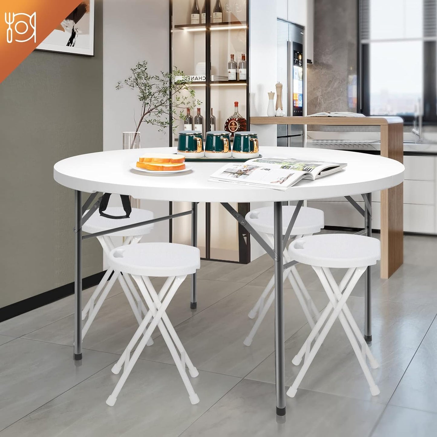 48" round Bi-Folding Commercial Table, 4 Feet Portable Plastic Dining Card Table for Kitchen or Outdoor Party Wedding Event, 1-Pack