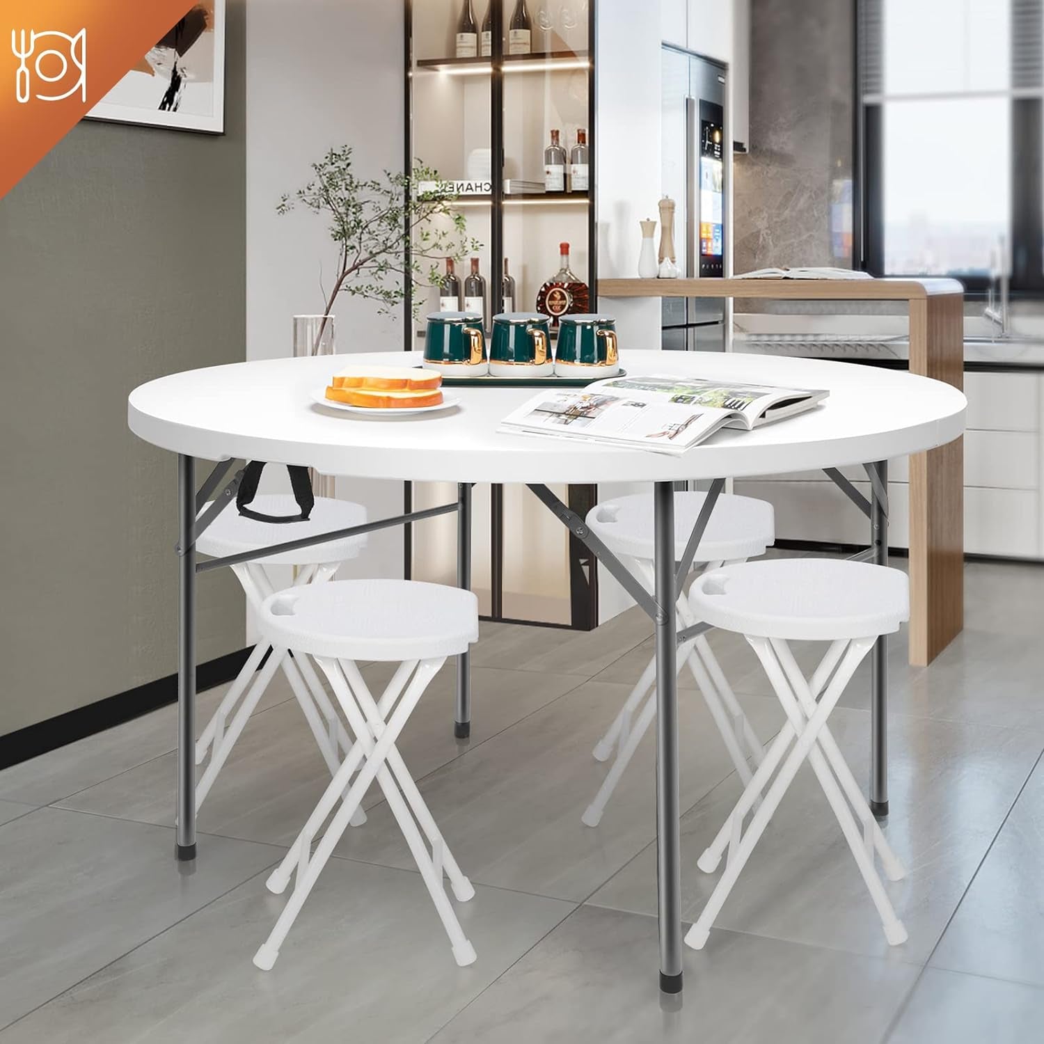 48" round Bi-Folding Commercial Table, 4 Feet Portable Plastic Dining Card Table for Kitchen or Outdoor Party Wedding Event, 1-Pack