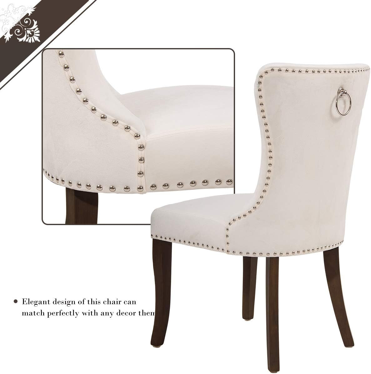 Dining Chairs Set of 2, Upholstered Cream Accent Chair Button Tufted Armless Chair with Nailhead Trim and Back Ring Pull, with Upgraded Size: 19.7 X 19.7 X 36.4 Inches
