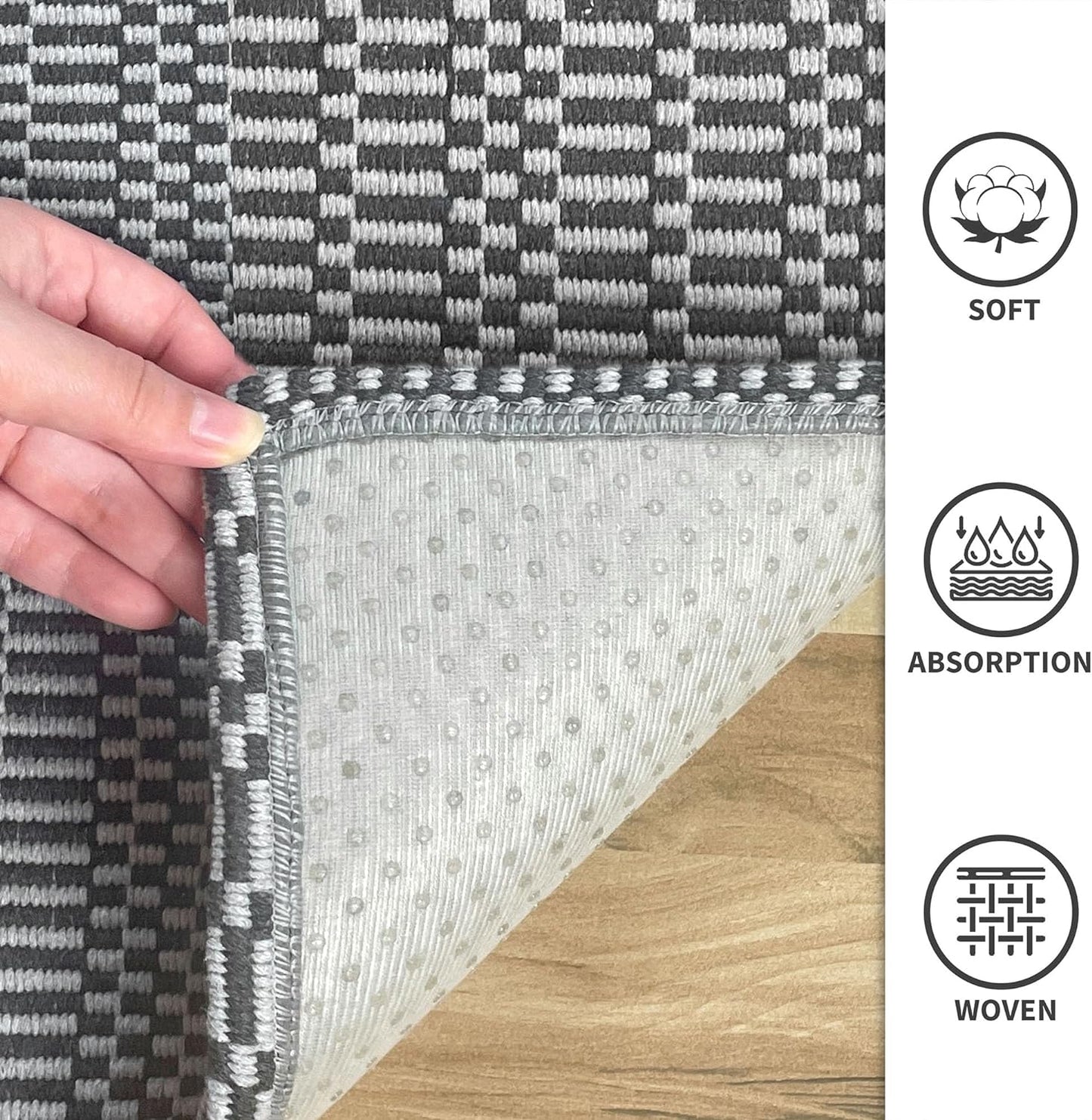 Washable Runner Rug 2'X8' Rubber Backing Hallway Runner Entryway Runner Indoor, Kitchen Rugs Woven Cotton Floor Carpet for Kitchen Hall Entrance Bedroom, Charcoal Gray/Dark Gray