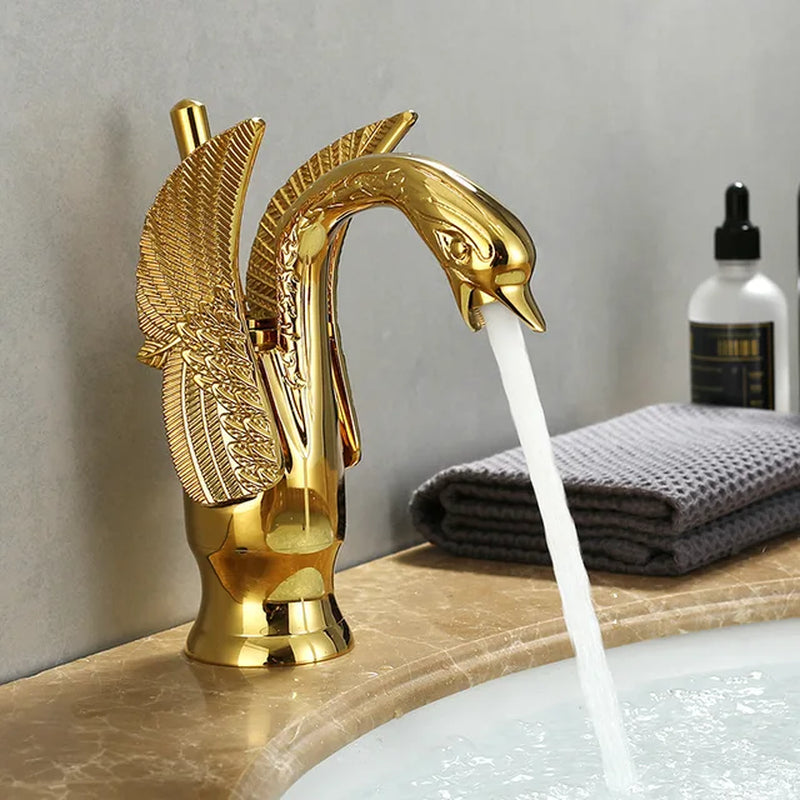 Gold White Brass Basin Faucets Swan Mixer Hot Cold Sink Single Hole Handle Water Tap Deck Mounted Copper Bathroom Accessories