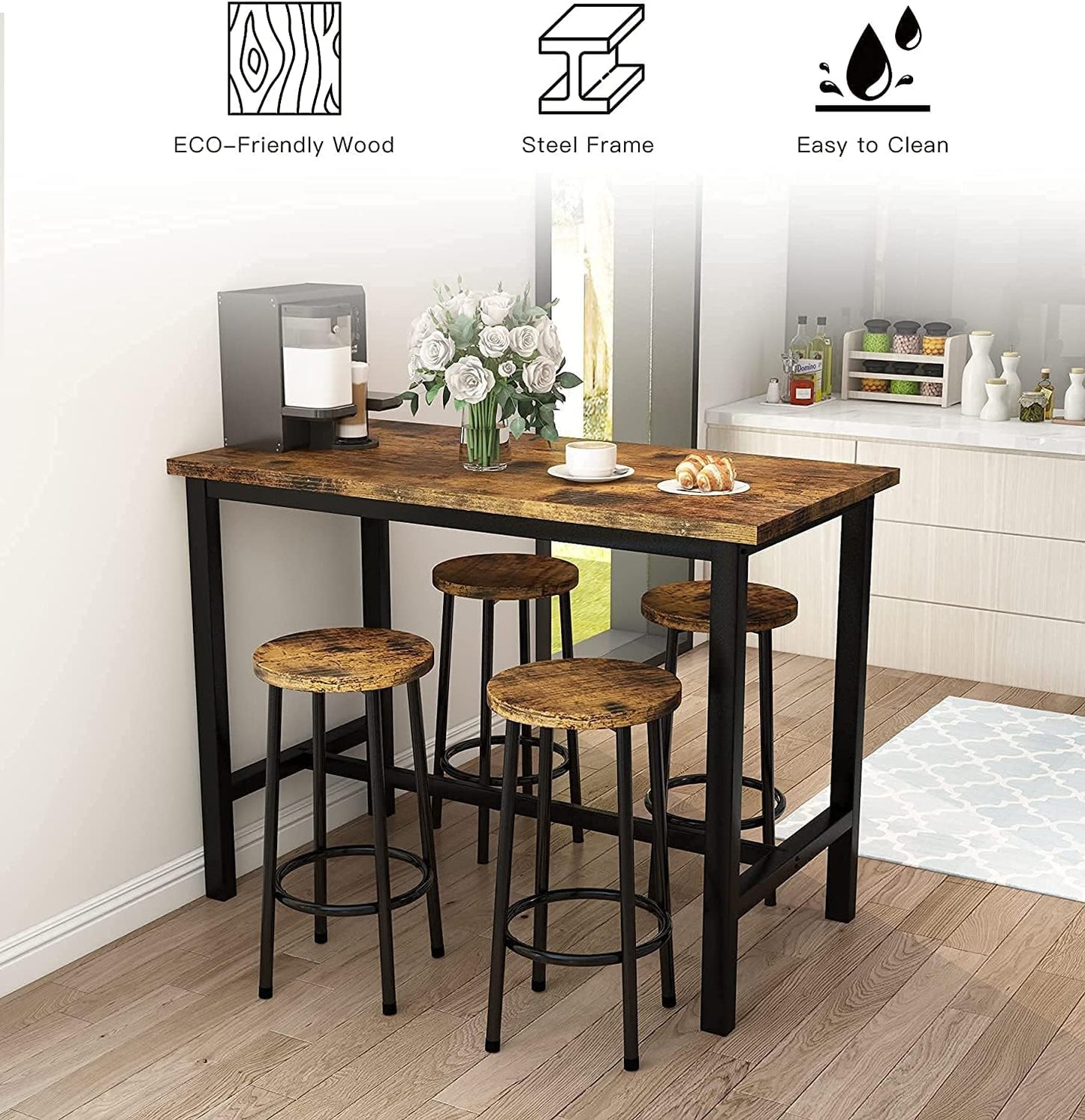 5 Pcs Dining Table Set, Kitchen Table and 4 Bar Stools Industrial Style Bar Table Set Height 35.7" for Kitchen,Living, Party Room, Rustic Brown