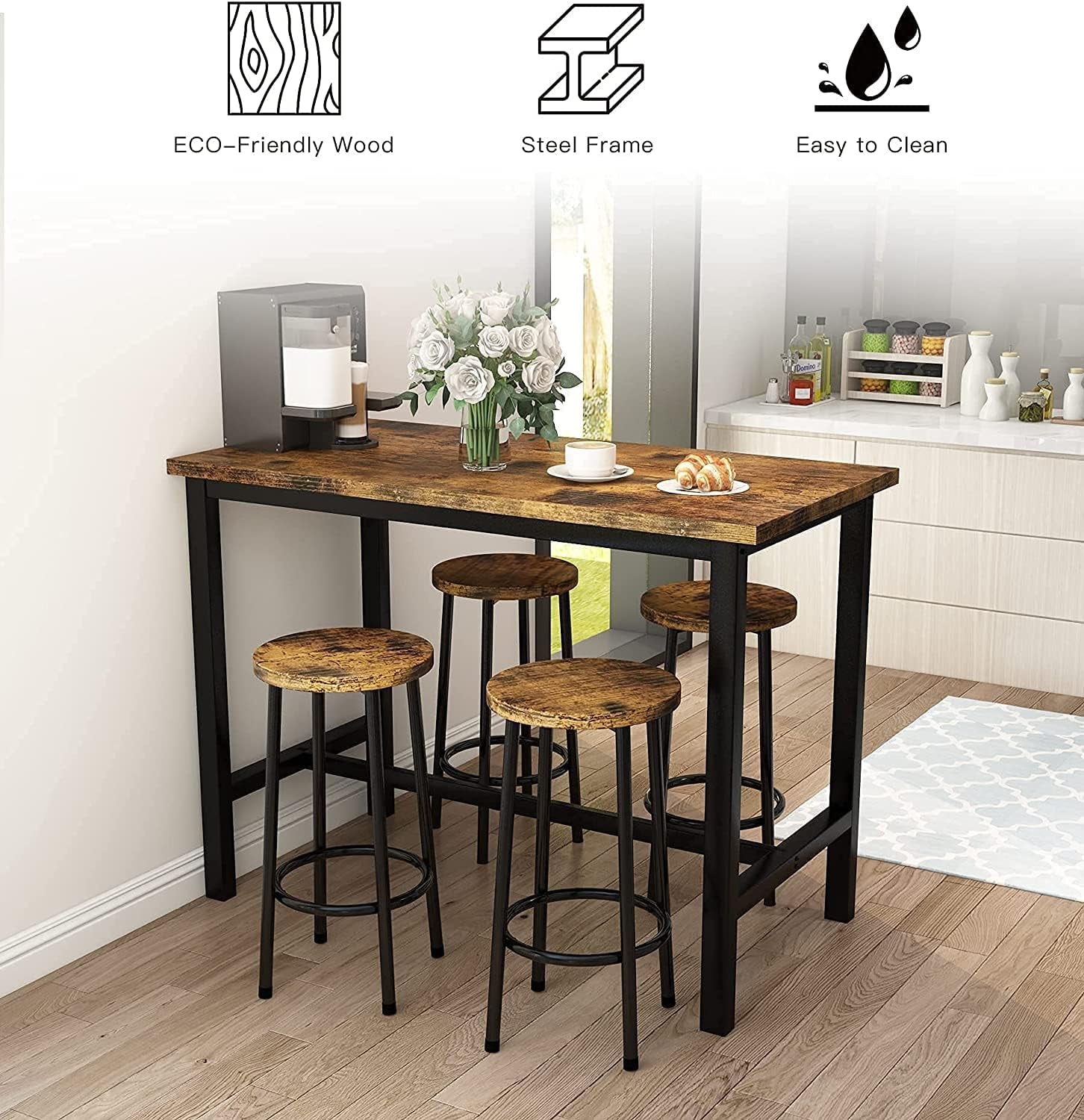 5 Pcs Dining Table Set, Kitchen Table and 4 Bar Stools Industrial Style Bar Table Set Height 35.7" for Kitchen,Living, Party Room, Rustic Brown